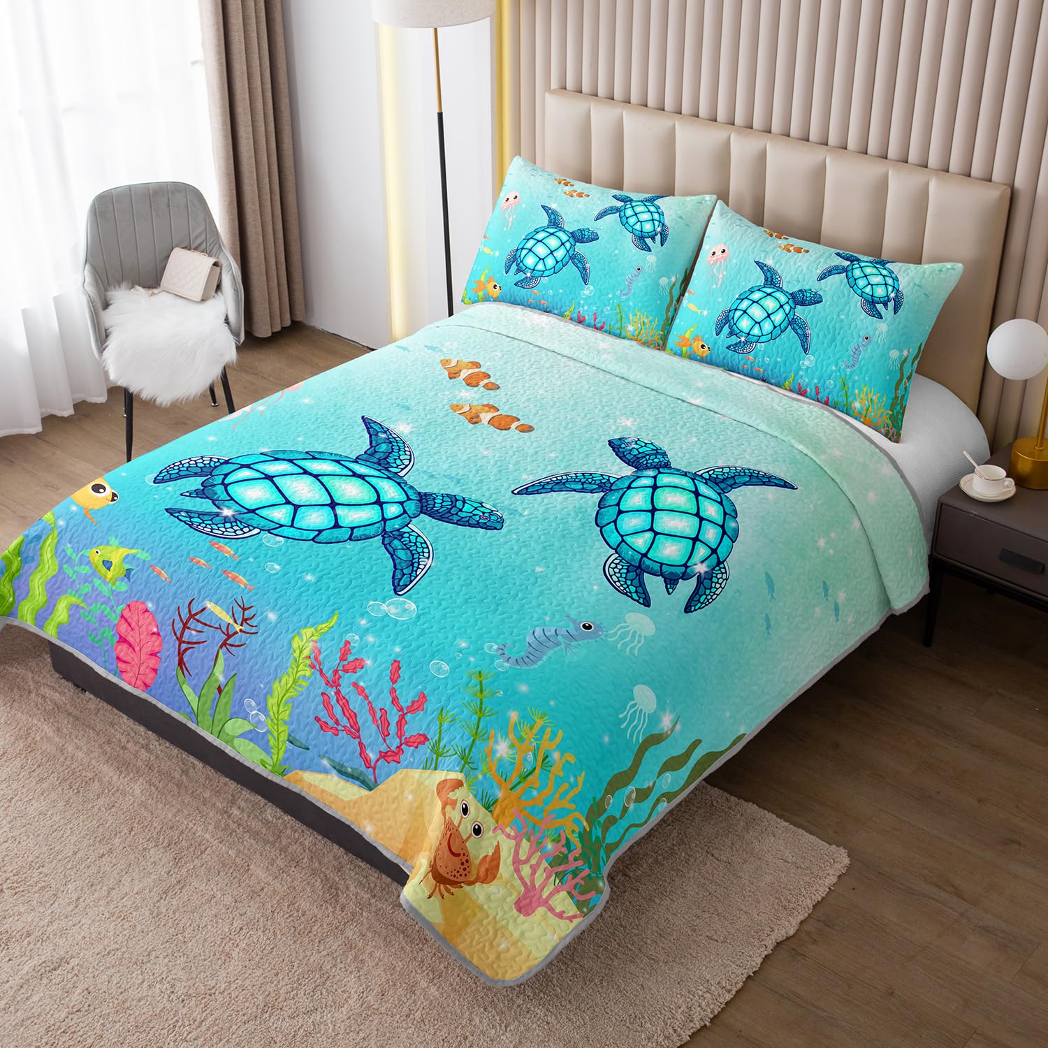 Coastal Turtle Quilts Bedding Set Queen Size 3Pcs Ocean Watercolor Sea Turtle Quilt Bed Set Beach Nautical Sea Animal Reptile Bedspreads Coverlet with 2 Pillowcases for All Season Kids Room Decor