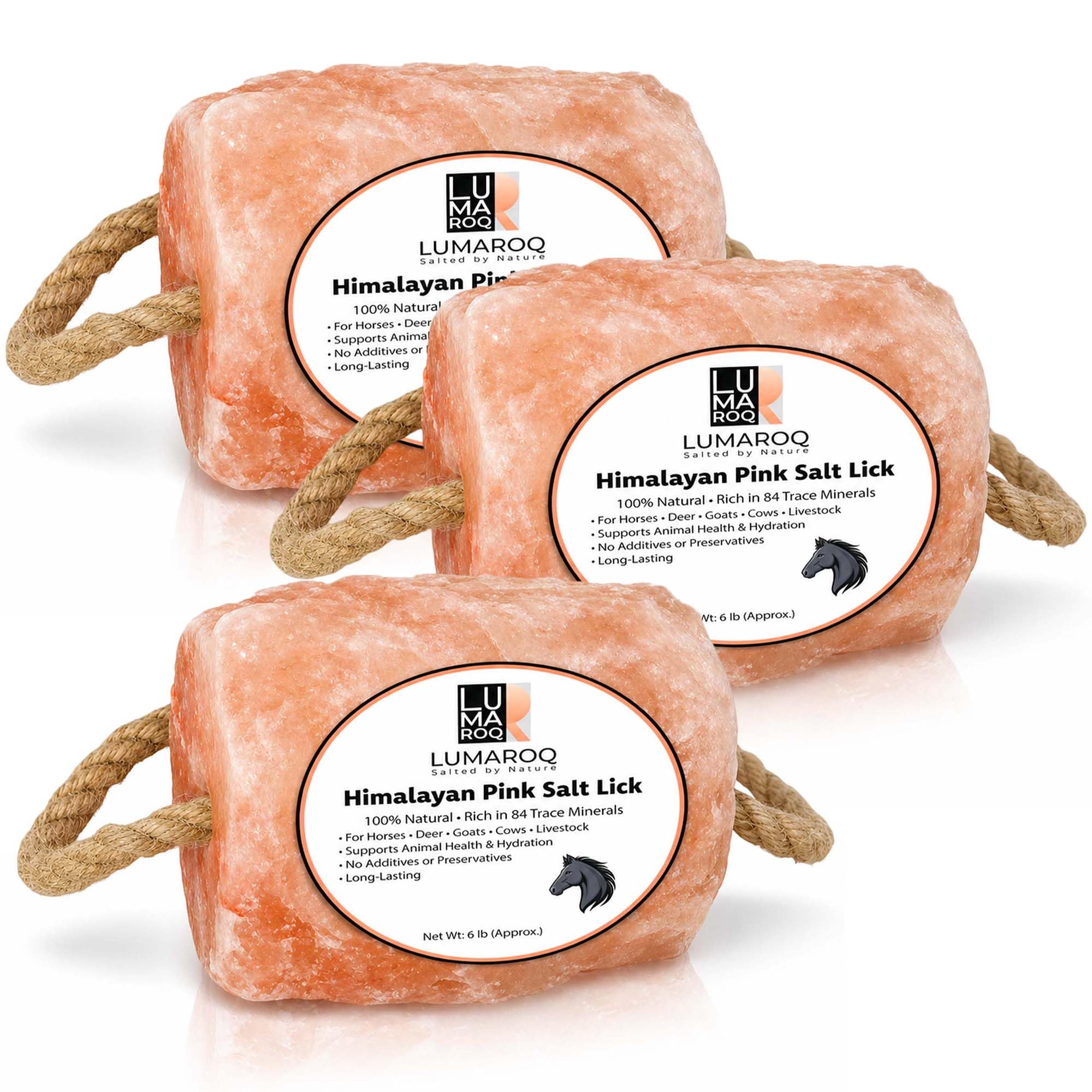 Photo 1 of *only 1* LUMAROQ Himalayan Pink Salt Lick On Rope 6lbs for Horses, Deer, Goats & Livestock, Natural Mineral Salt Block with 84 Trace Minerals, Hanging Horse Salt Lick for Farm Animals & Wildlife (Pack of 3)