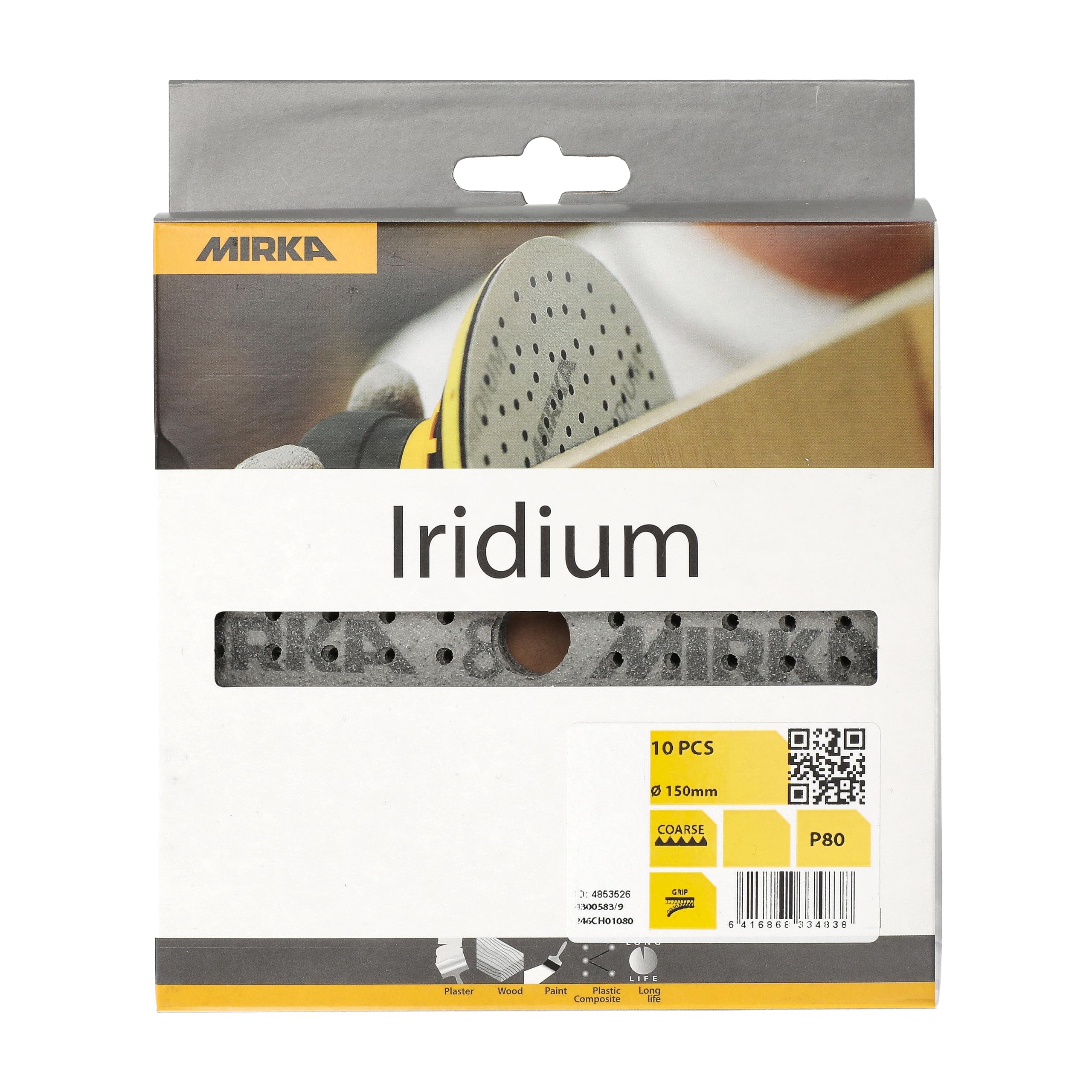 Mirka Iridium Premium carta abrasiva Ø 150 mm a strappo 121 fori, grana 80, 10 pz/Per la levigatura di vernice, stucco, fondo, legno, acciaio, materiali minerali, plastica