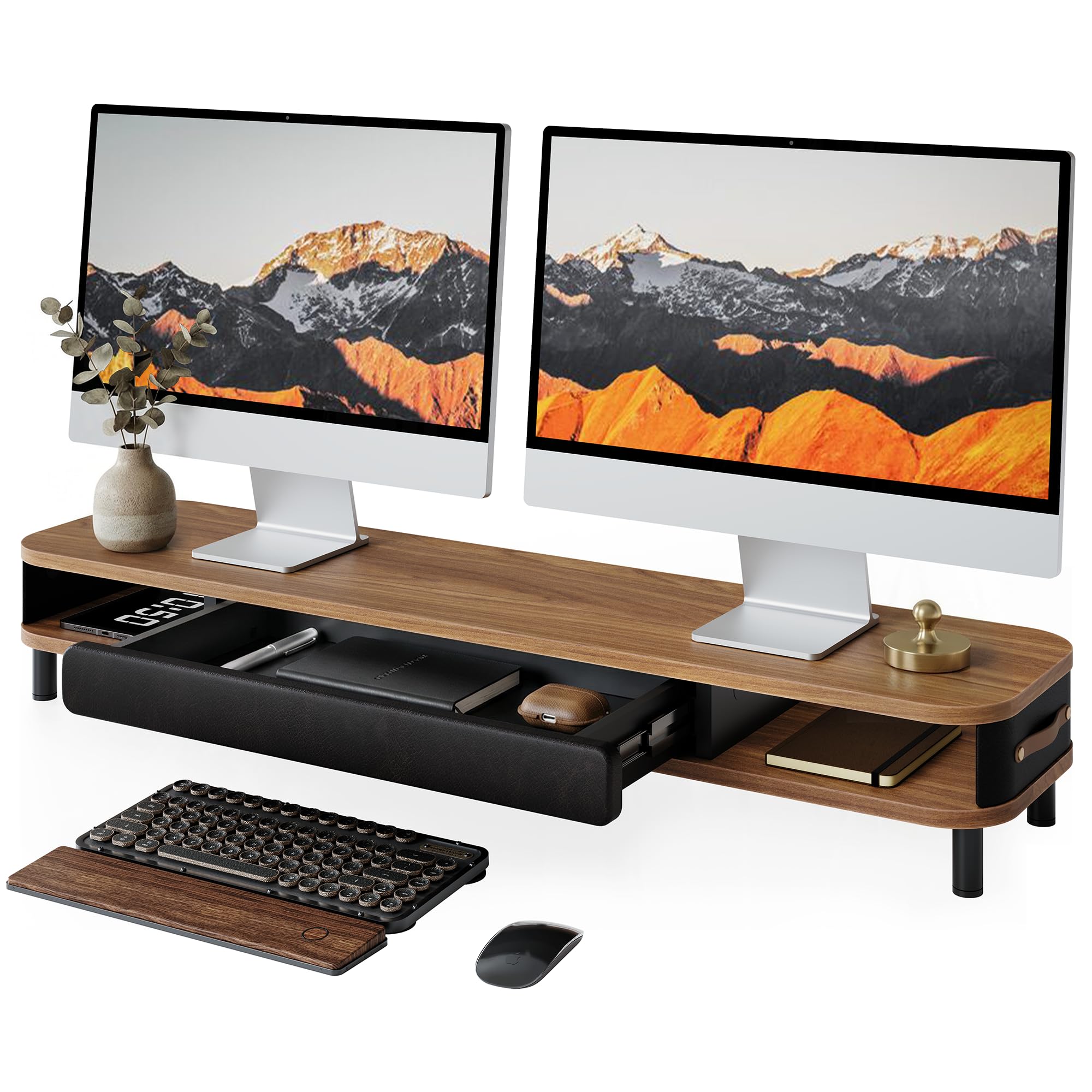 Fenge Réhausseur d'Écran avec Grand Tiroir, 108cm Support de Dual Moniteurs avec Poignée en Cuir, Ergonomique Support Ecran Bureau Pour Chambre/Bureau/Salon, 108x25x15,7cm, Charge de 35kg, (Marron)