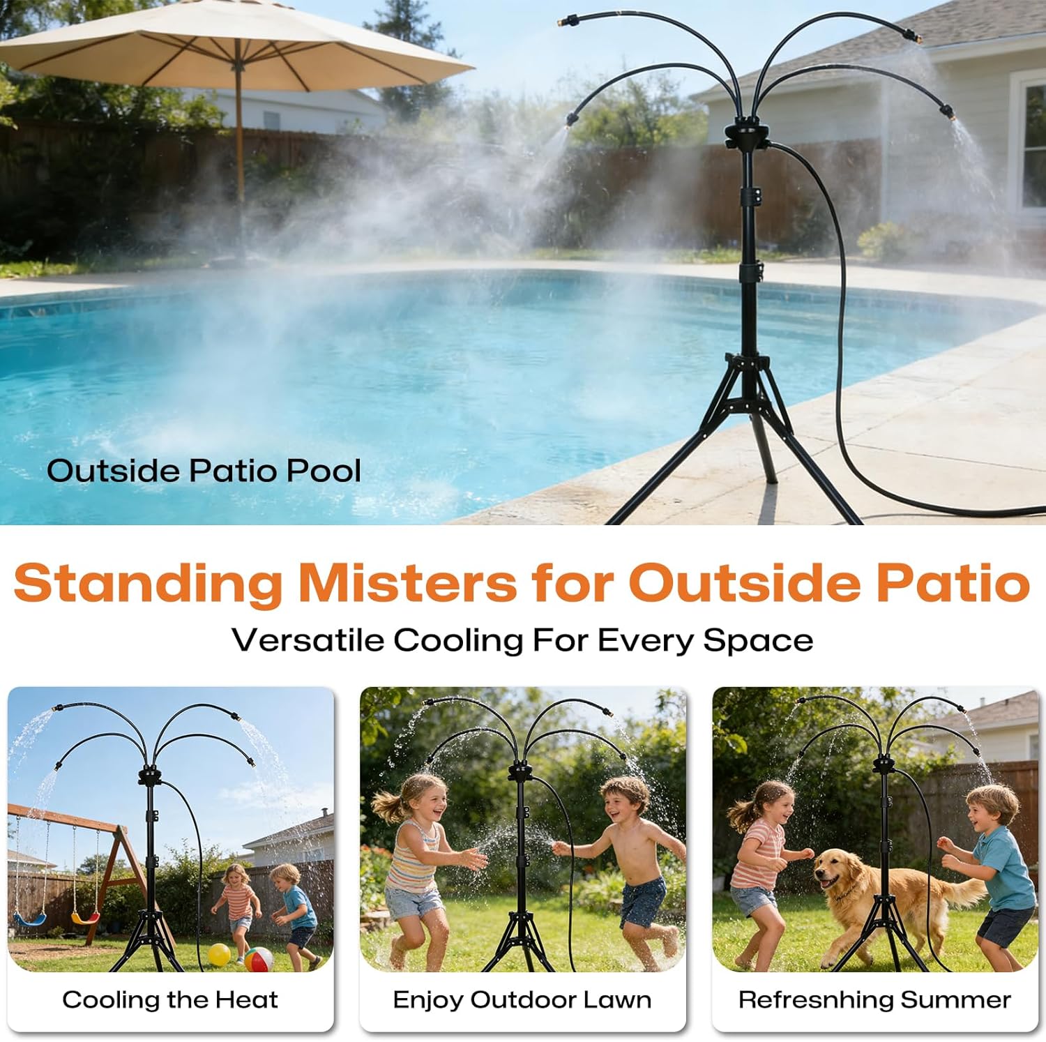 Standing Misters for Outside Patio Cooling, 5.3 FT Adjustable Stand Misting System, 4 Brass Nozzles + 4 Extra Heads, Thickened Base Portable Water Mister for Garden, Deck, Poolside