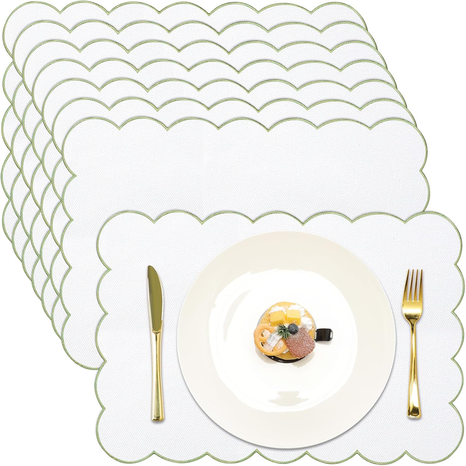 LemonRoad 8 Pcs Boho Linen Placemats Set 13" x 19" Elegant Scalloped Double Layered Placemats Farmhouse Washable Rustic Dining Table Decorations for Kitchen Wedding Banquet (White,Sage Green)