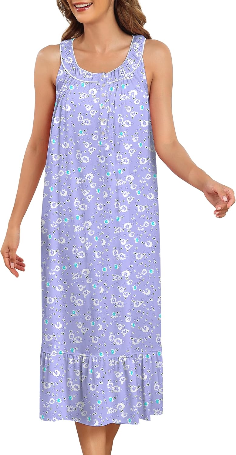 IZZY + TOBY 100% Cotton Nightgowns for Women Soft Ladies Gowns Sleepwear Long Sleeveless Nightgown
