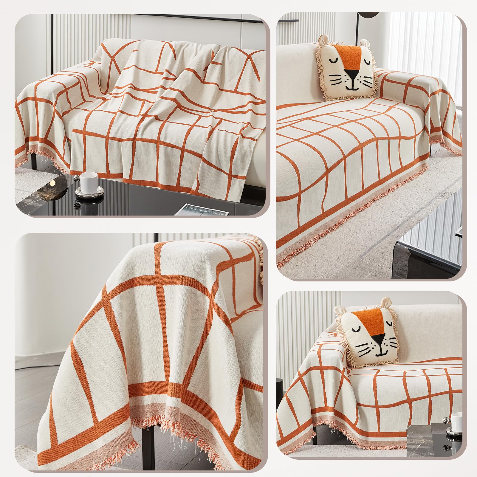Chenille Grand Plaid et Couvre-lit Lavable Jete de Canape avec Franges Délicates Couverture Canapé d'Angle 180x150cm Protège Canape Orange Decor Intérieure