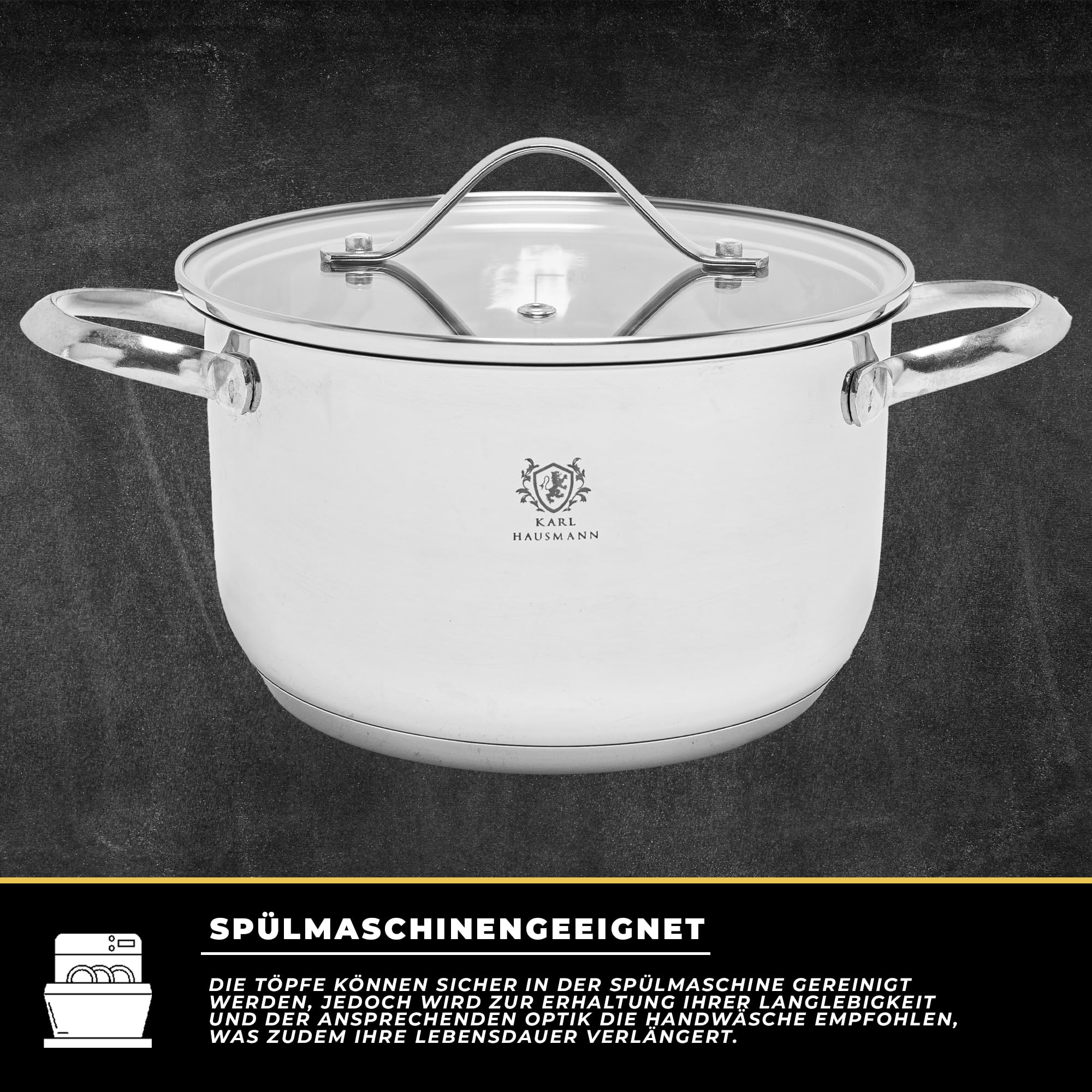 KARL HAUSMANN Topfset Induktion aus Edelstahl, 6-teilig | Töpfe Set 2,6 / 3,6 / 4,7 L, Ø 18 / 20 / 22 cm, Kochtopf mit 3 Glasdeckel mit Dampföffnungen, genietete Griffe, Innenskalen