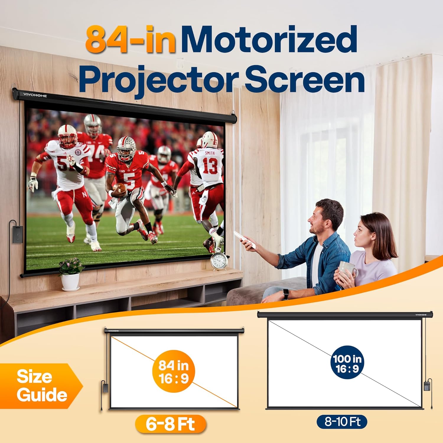 VIVOHOME Motorized Projector Screen with Remote, 16:9 84 Inch Auto Electric Projection Screen, HD 4K Movie Screen for Home Theater, Cinema, Office (73 x 41 Black)