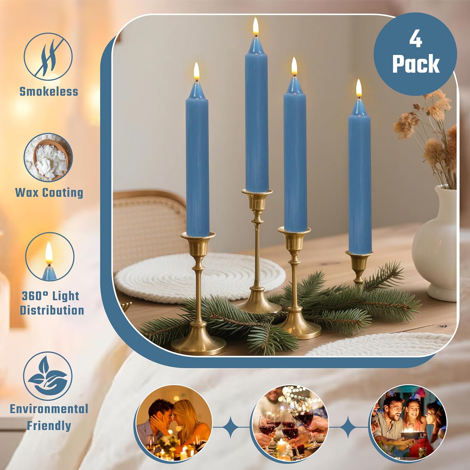 9 inch Dusty Blue Flameless Candle Window Candles with Remote Timer Battery Operated Taper Candle LED Taper Candles Set of 4