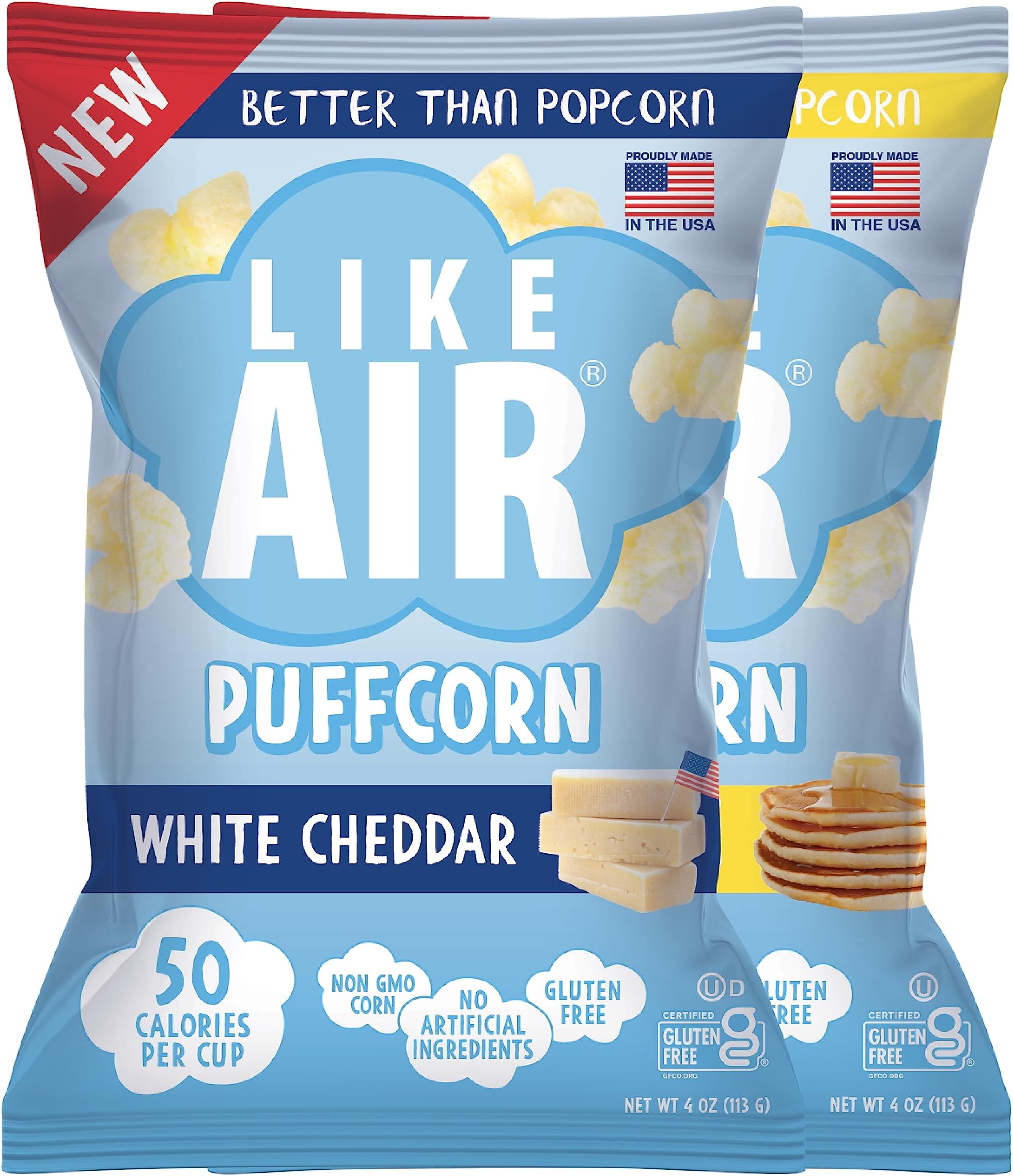 Puffcorn (Combo Pack: Cheddar & Pancake) | 2 4oz Bags | 50 Calories Per Cup | Gluten Free | Nothing Artificial