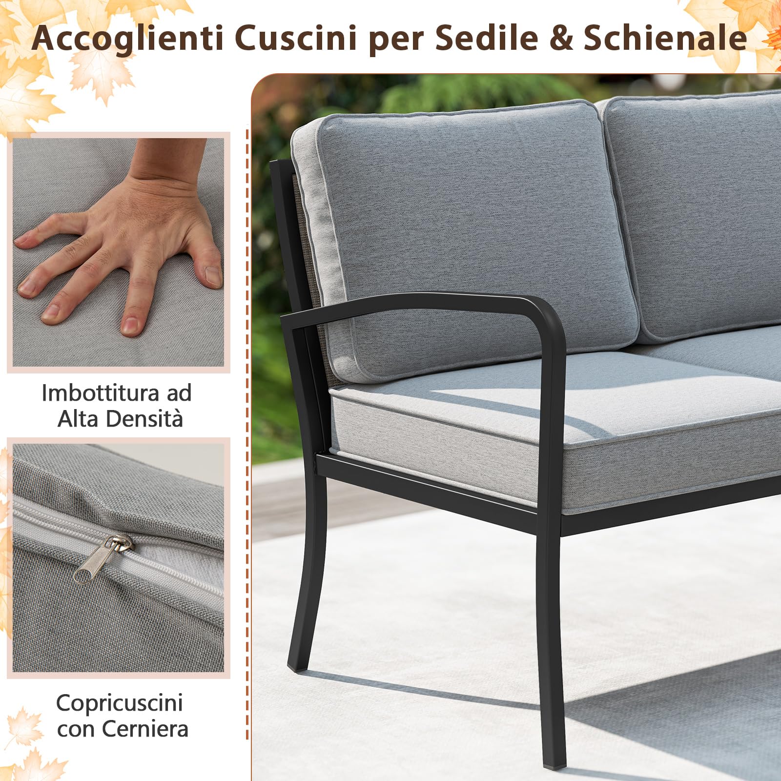 COSTWAY Set Divano da Giardino a 3 Posti, Divano Modulare a L con Tavolino (Grigio)