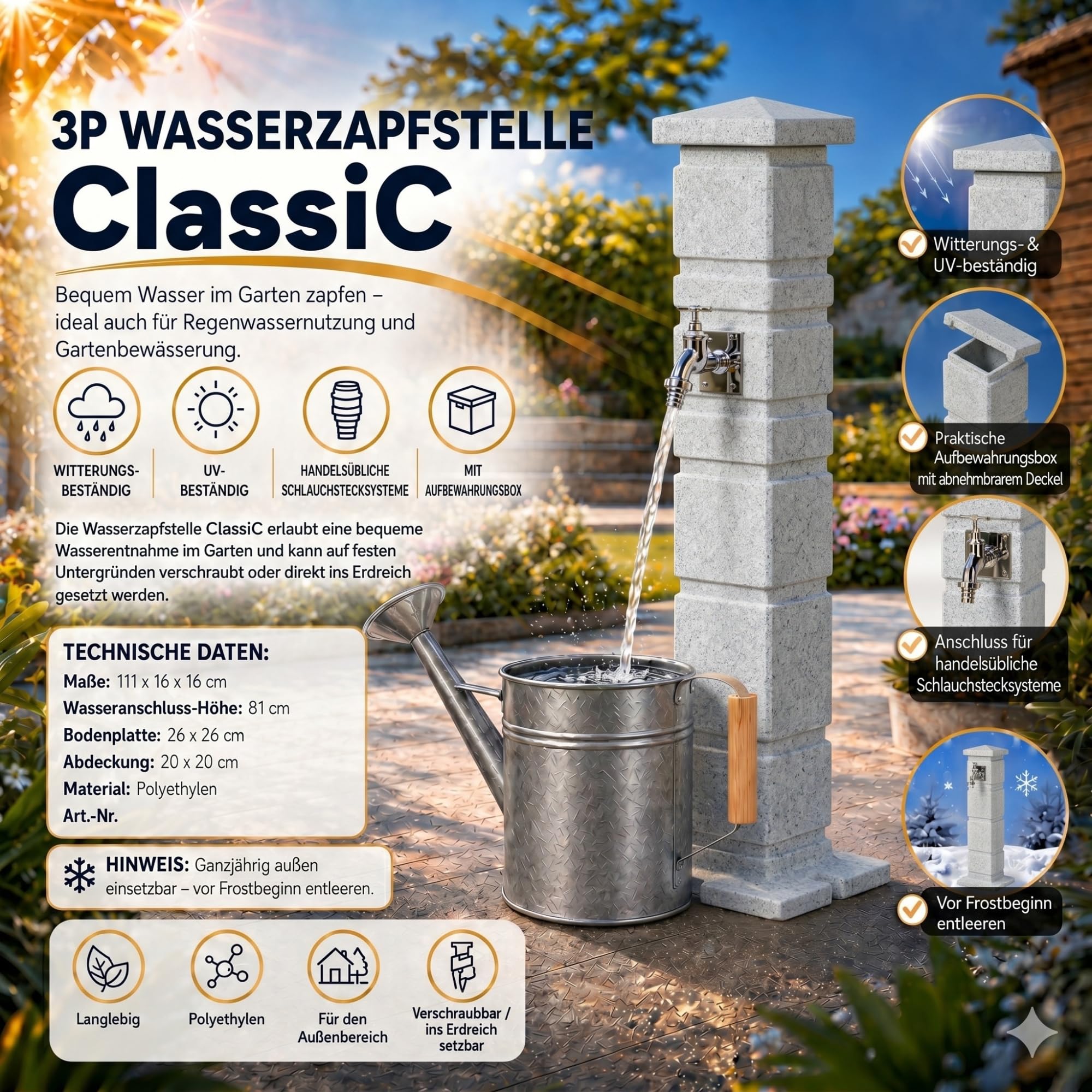 YourCasa Classic Wassersäule Garten Granit-Optik | Römische Wasserzapfsäule mit 3/4 Wasserhahn & Aufbewahrungsbox | 111 cm Standbrunnen Zapfstelle | Witterungsbeständig (Sandstein)