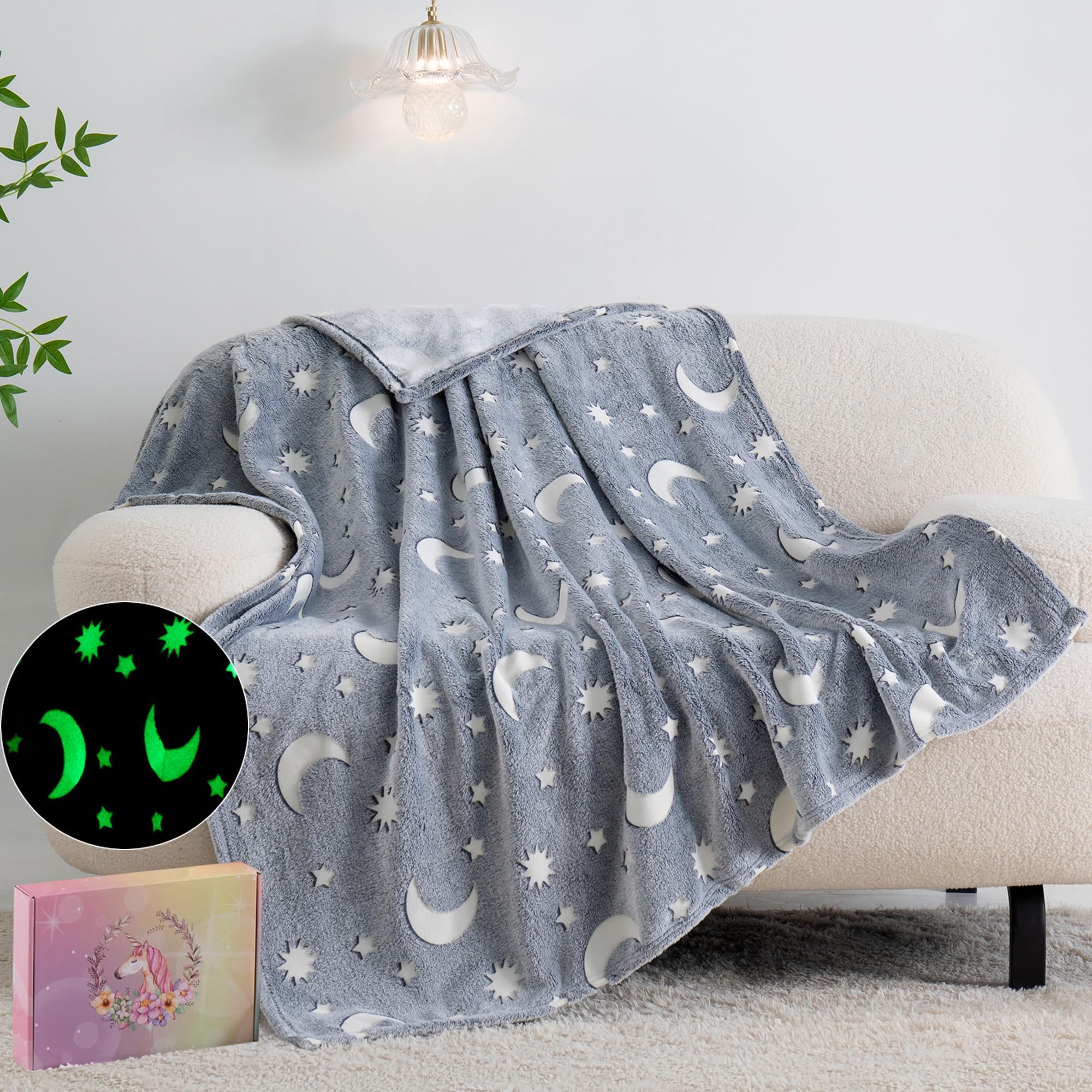 QSTEHEML Moon Glow in The Dark Blanket,Star Gifts Toys for Boy Birthday for Age 3-12 Years Old,Throw Blanket for Kids Soft Luminous Blanket for Son 50"×60"