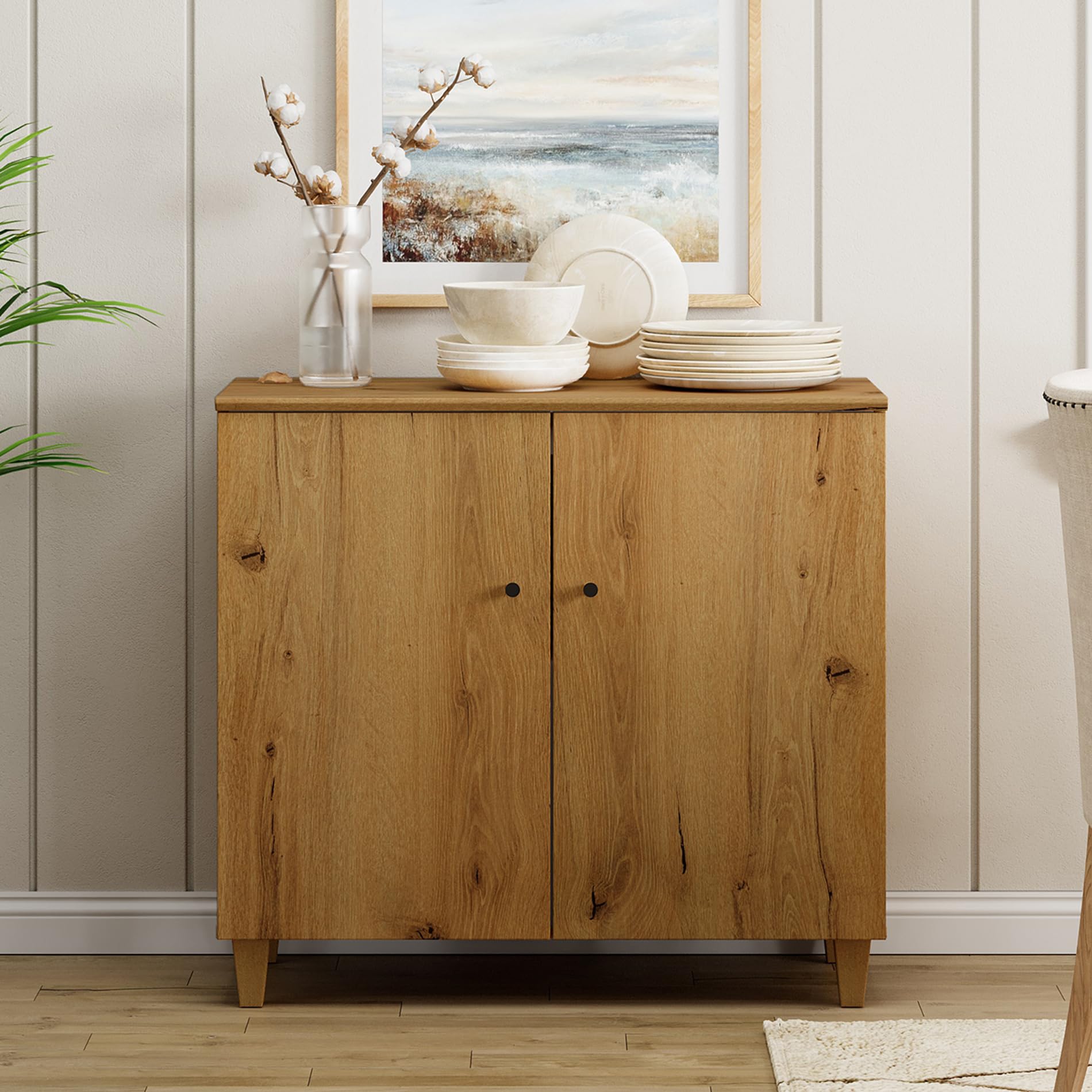 WAMPAT Sideboards Buffet Cabinet, 35.4" Wide Wooden Credenza Buffet Table with 2 Doors, Modern Kitchen Accent Cabinet with 3 Storage Compartments for Living Room, Hallway, Oak Brown