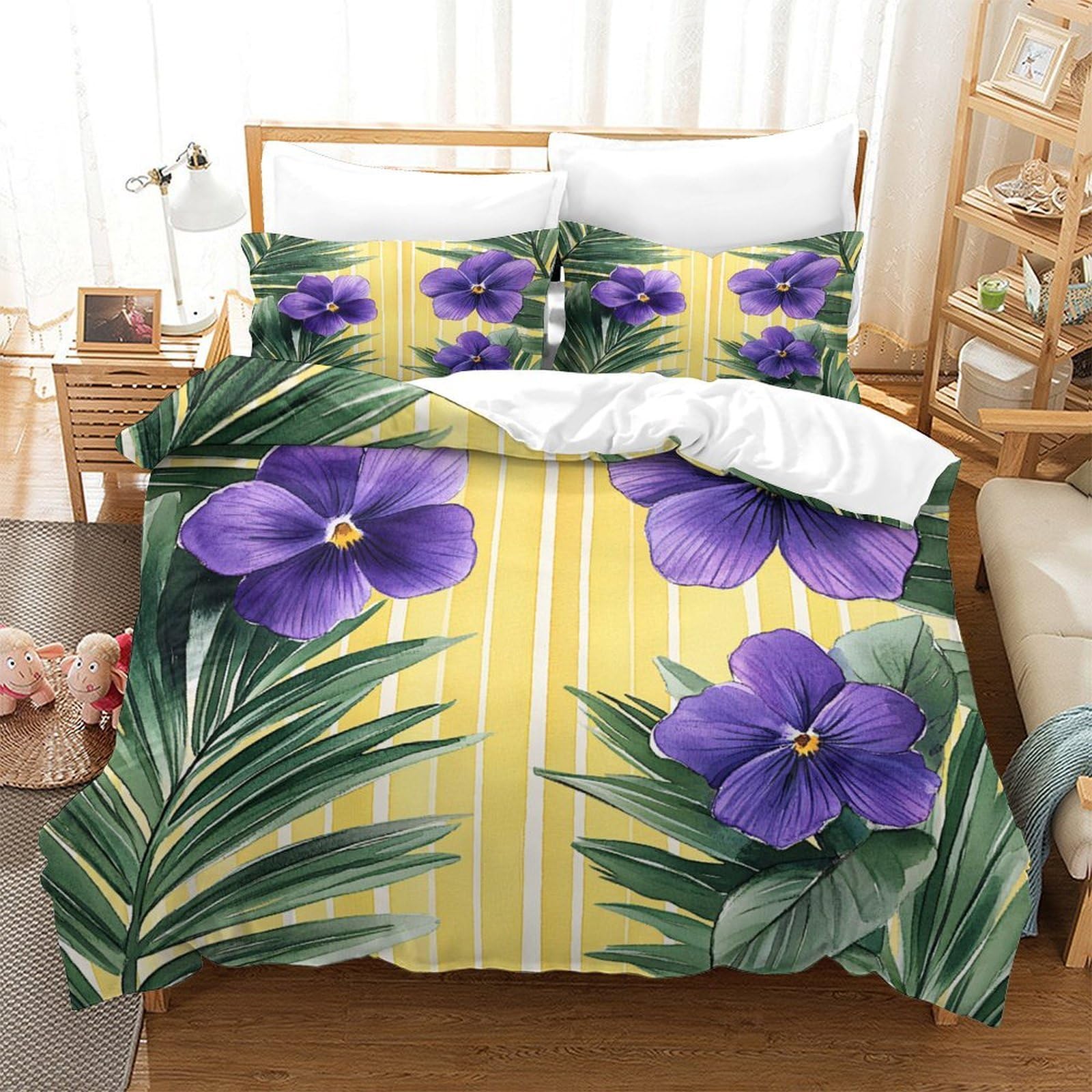 Lila Blumen 3-teiliges Pflegeleichtes Polyester Tropische botanische Kunst Bettbezugset, 2 Kissenbezug, Unsichtbarer Reißverschluss, Für Erwachsene, Babysicher King（220x240cm）