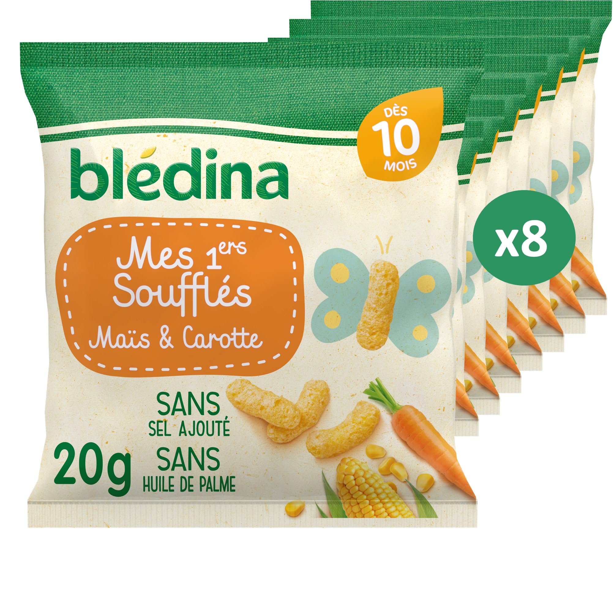 BLÉDINA - Mes 1ers Soufflés - Maïs et Carotte - Sans Gluten et sans Sel Ajouté - dès 10 Mois - 8 x 20 g