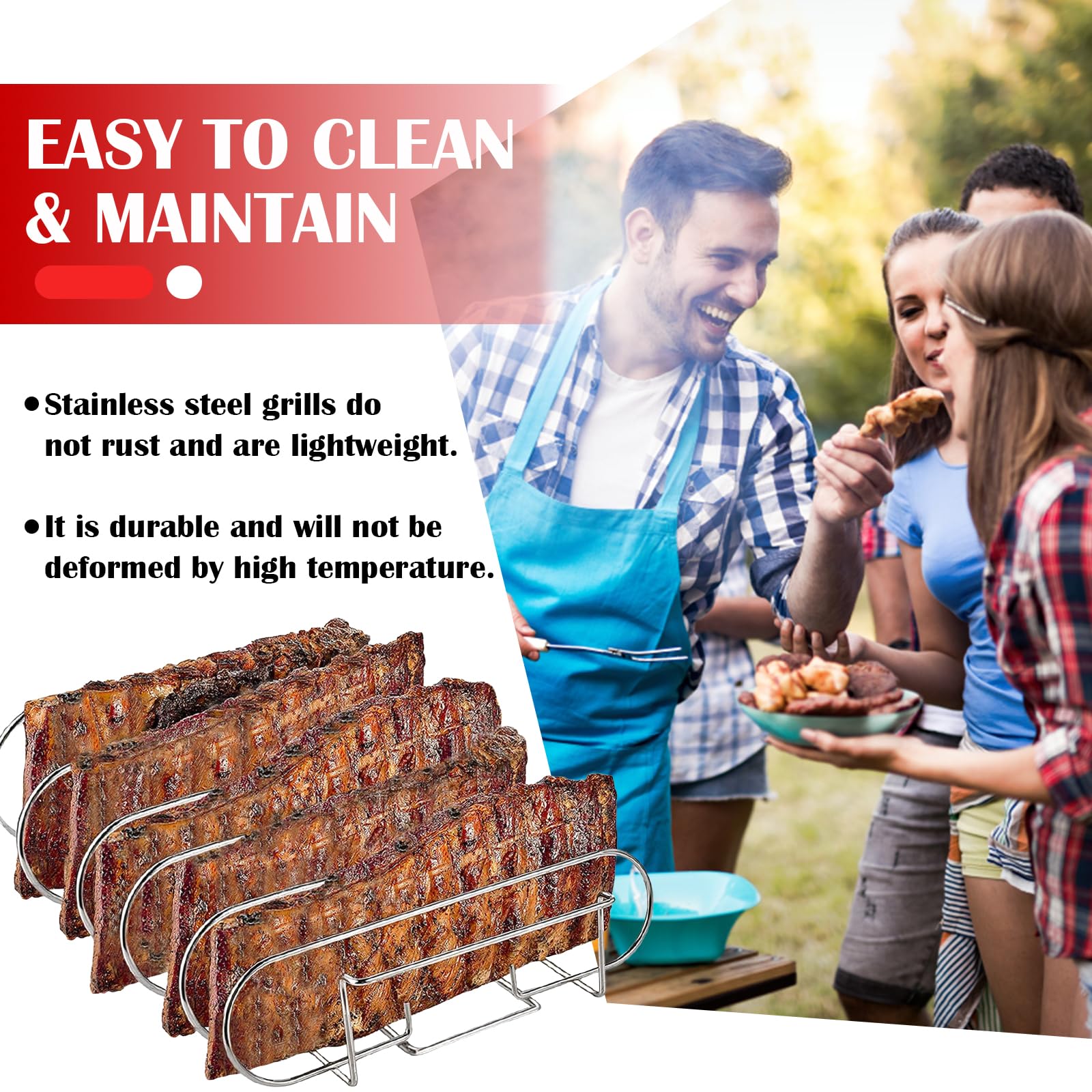 Supporto Bistecche e Costine in Acciaio Inox, Supporto per Arrosto Bistecca, Cestello per BBQ Rib Rack, Spareribs Halter Grill, Telaio Griglia Barbecue 2 in 1 con 2 Pennello