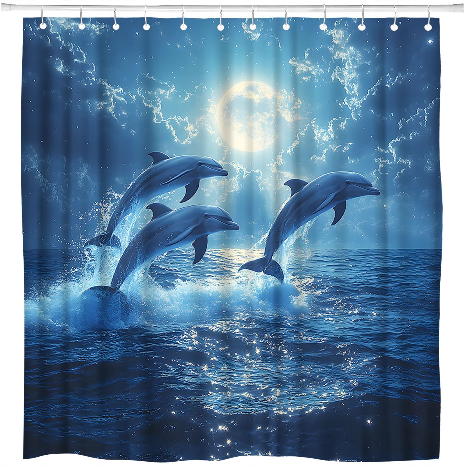 ZFMRZF Dolphin Shower Curtain Full Moon Sea Surface Waves Starry Blue Ocean Beach Nautical Animals Bathroom Polyester Curtains Set with Hooks 60x70