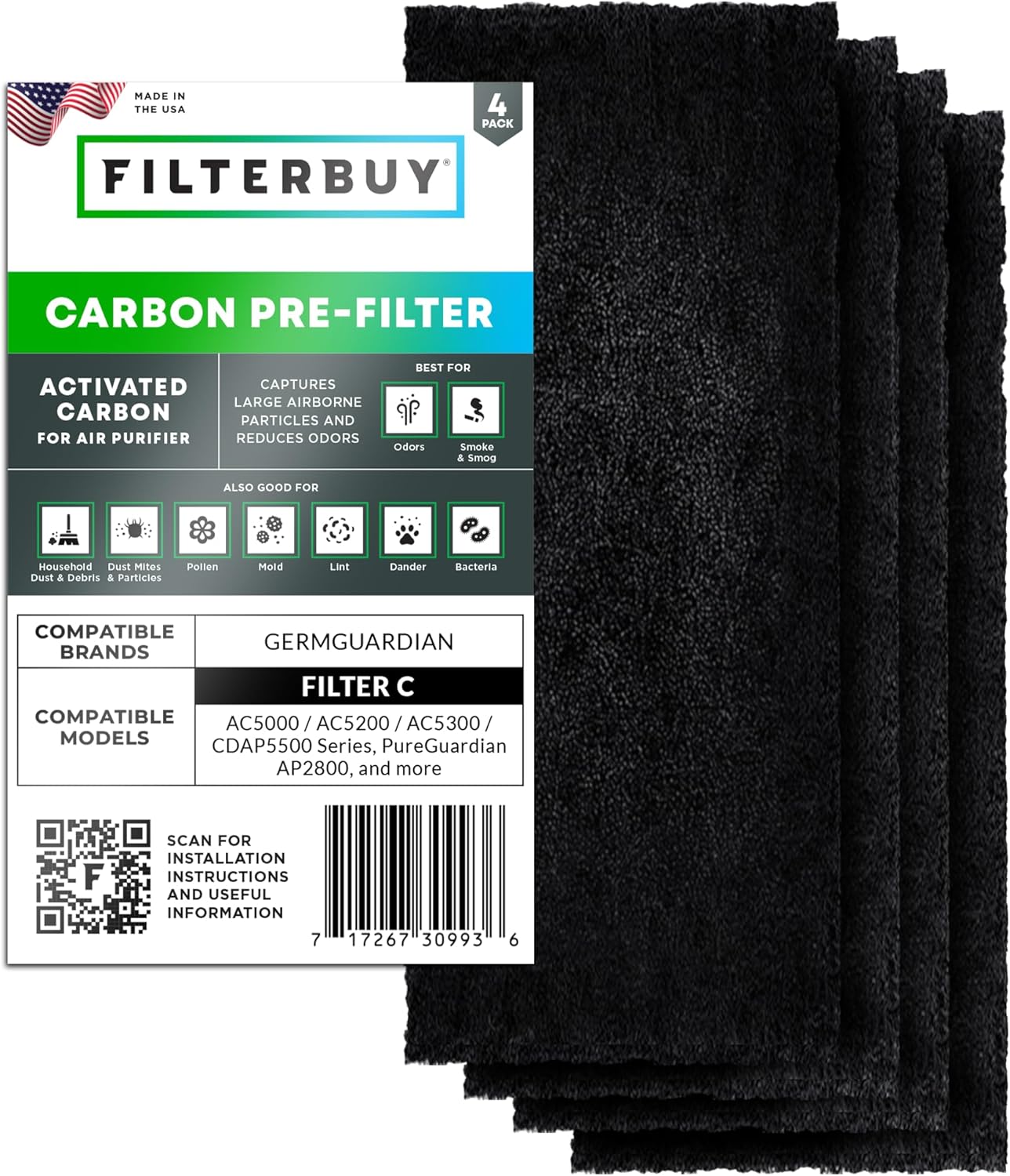 Filterbuy Activated Carbon Pre-Cut Filter C Replacement for GermGuardian Air Purifier (4-Pack, Made in USA)