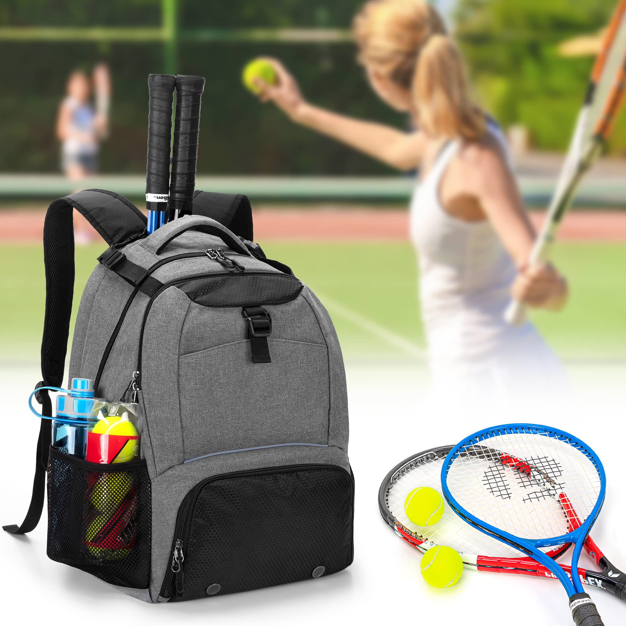 DSLEAF Zaino da tennis per 2 racchette, borsa da tennis con vano scarpe ventilato separato per racchette da tennis/pickleball/badminton/squash e accessori