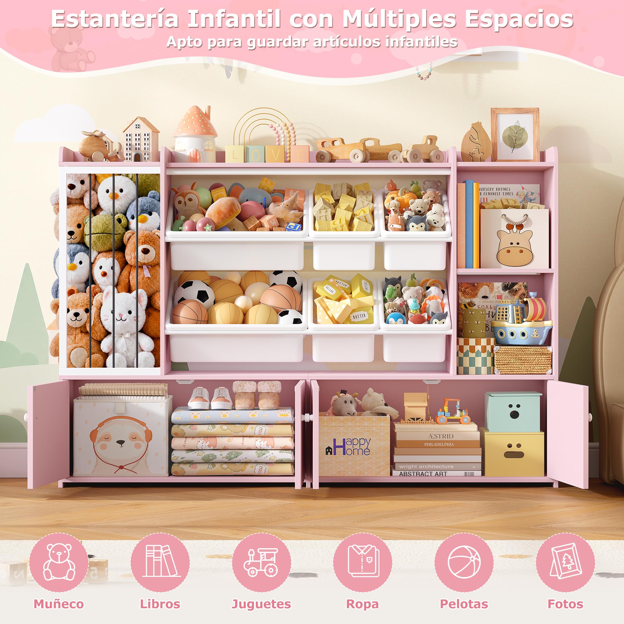FOREHILL 137.3cm Mueble Juguetes Organizador, Organizador Peluches, Rosa | Libreria Infantil, 6 Cajas Extraíbles, Mueble Almacenaje Juguetes, Estanteria Infantil, Armario de 4 Puertas, 137.3x28x94cm