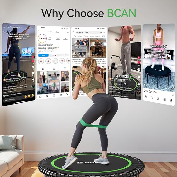 BCAN Foldable Mini Trampoline 102/122cm Fitness Trampoline for Adults with Heavy Duty Rubber Ropes, Stable and Quiet Training Equipment, Ideal for Indoor & Garden Training