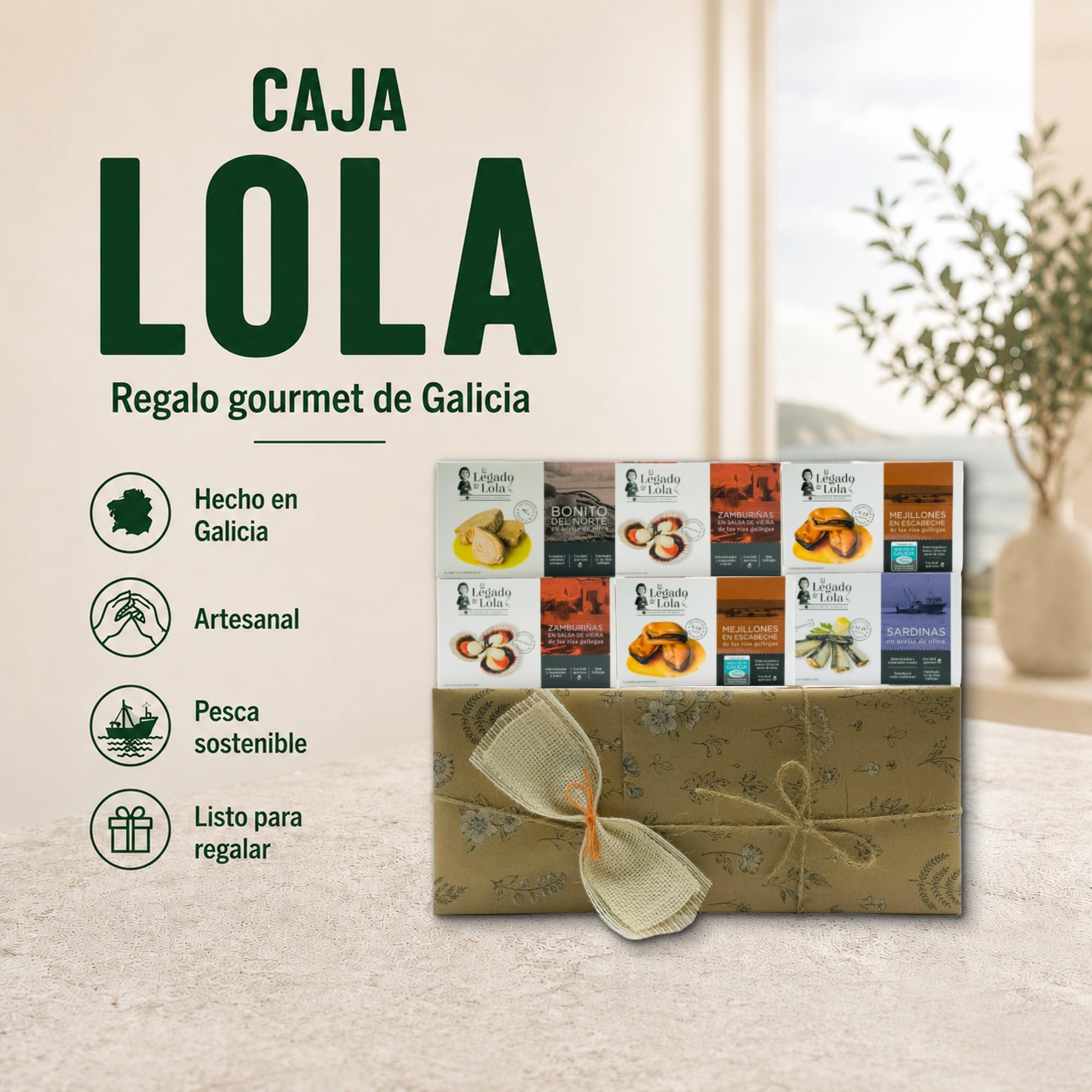 Caja Regalo Gourmet Lola de VinNatura con Conservas Premium de Galicia | Cesta gourmet de Galicia, regalos de empresa y celebraciones, elaboración tradicional, tarjeta personalizable