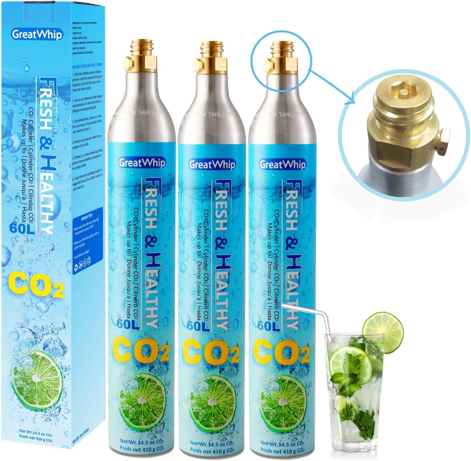 GreatWhip Threaded 60L CO2 Exchange Cabonation Cylinders, CO2 cartridges Gas Canister Refill Compatible for Sodastream (Screw-In), Set of 3