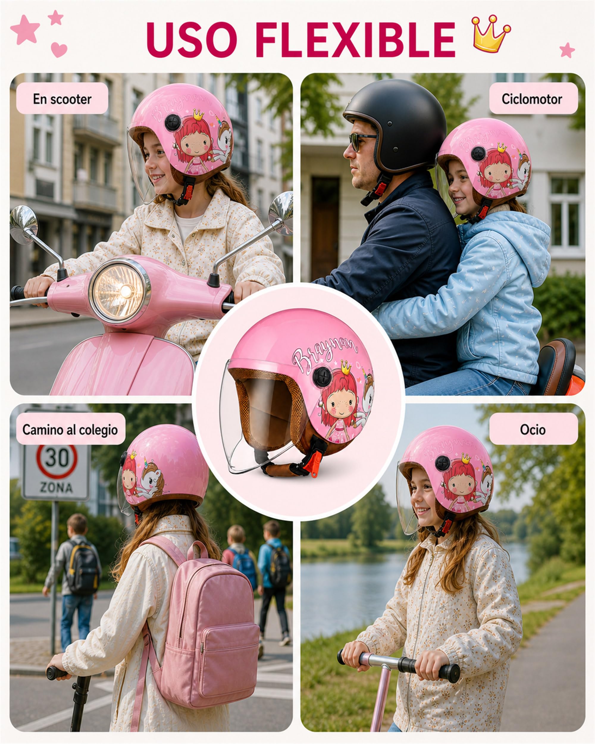 Casco Moto para niños, Casco Jet con Visera, Casco de ciclomotor para , Bolsillo de liberación rápida, 48-55cm, 3 a 12 años, Rosa