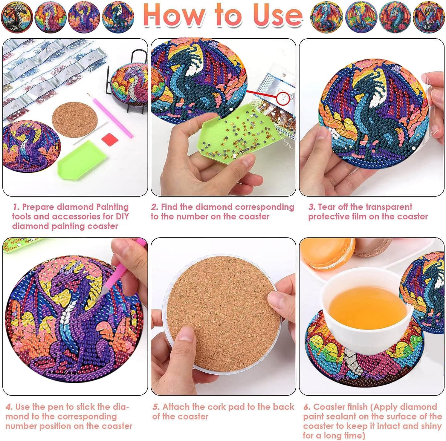 ijbnhd 8 PCS Diamond Art Coasters Kits for Adults Dragon 4X4inch image 5