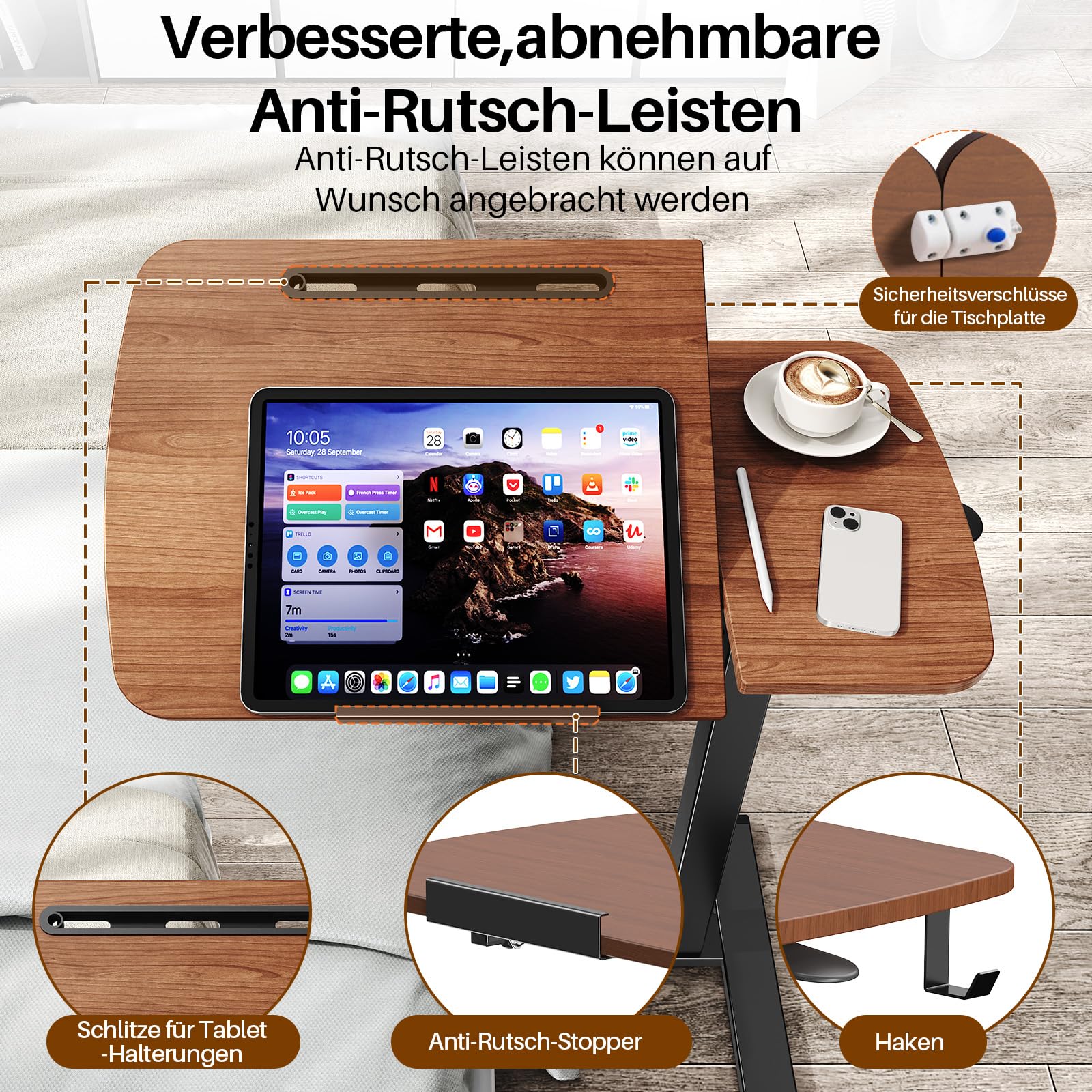 Klappbarer Computertisch mit Rollen, höhenverstellbar, bis 39.9 kg, Braun