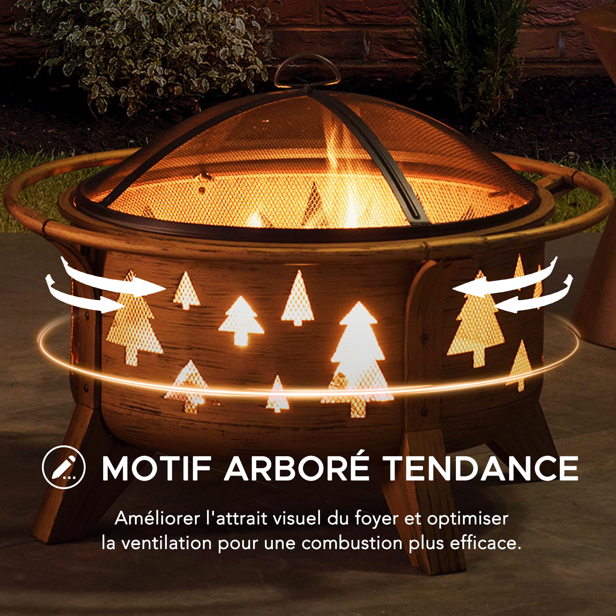 SUNJOY Foyer de Jardin, diamètre 76 cm, Brasero Rond en Acier avec Grille Pare-étincelles et tisonnier, Foyer à Bois d'extérieur pour terrasse, Couleur cuivre, Design Sapin de Noël
