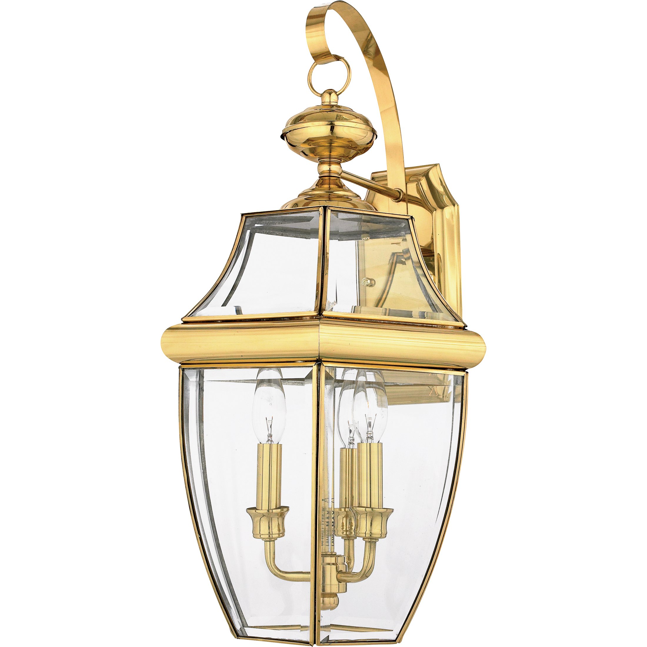 Quoizel Newbury Outdoor Wall Lantern, 23 Inch 3-Light Polished Brass Wall Sconce, French Country Exterior Wall Lantern Fixture, E12 Base, Clear Glass,