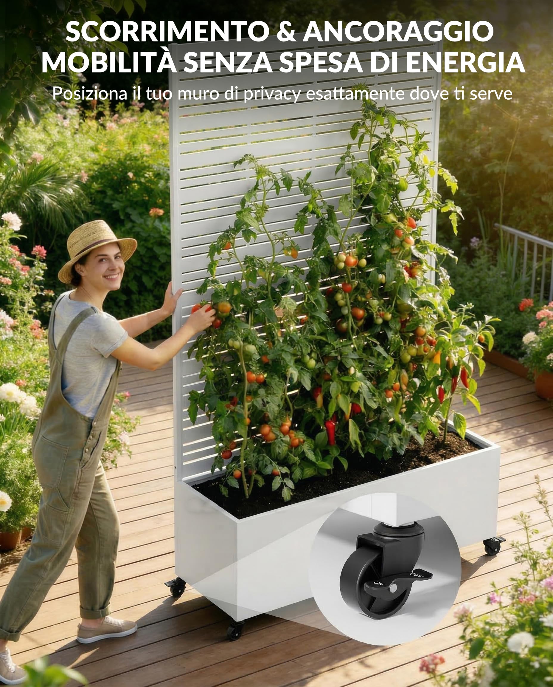 Orto Rialzato da Esterno in Metallo con Grigliato, Fioriera con Ruote e Schermo per la Privacy, Aiuola Rialzata con Traliccio per Piante Rampicanti, Vaso per Giardino, Patio e Balcone (Bianco)