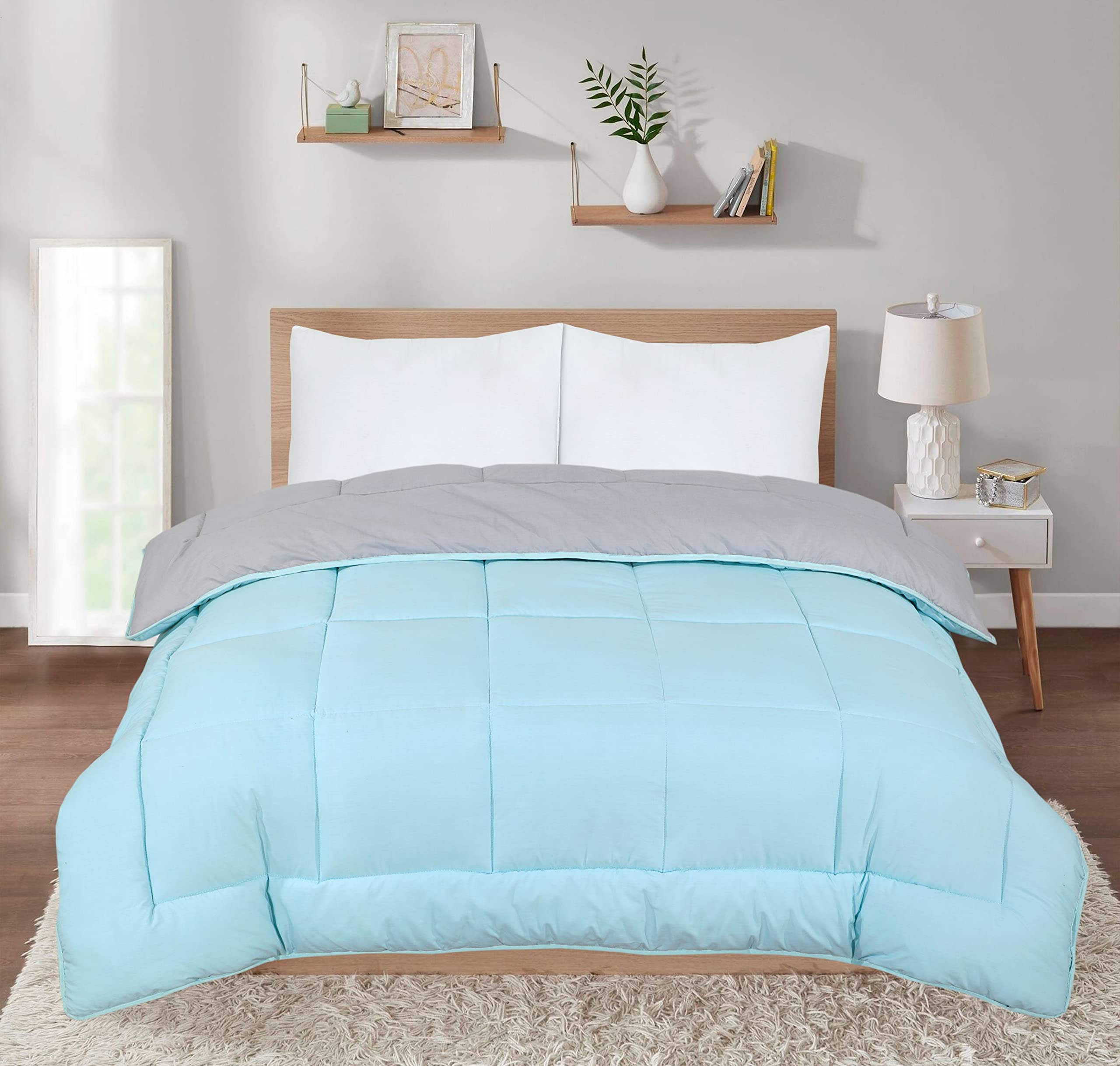 SleepyNights 13.5 tog Box Stitching Reversible Coverless Polycotton Duvet – Teal and Grey - Single