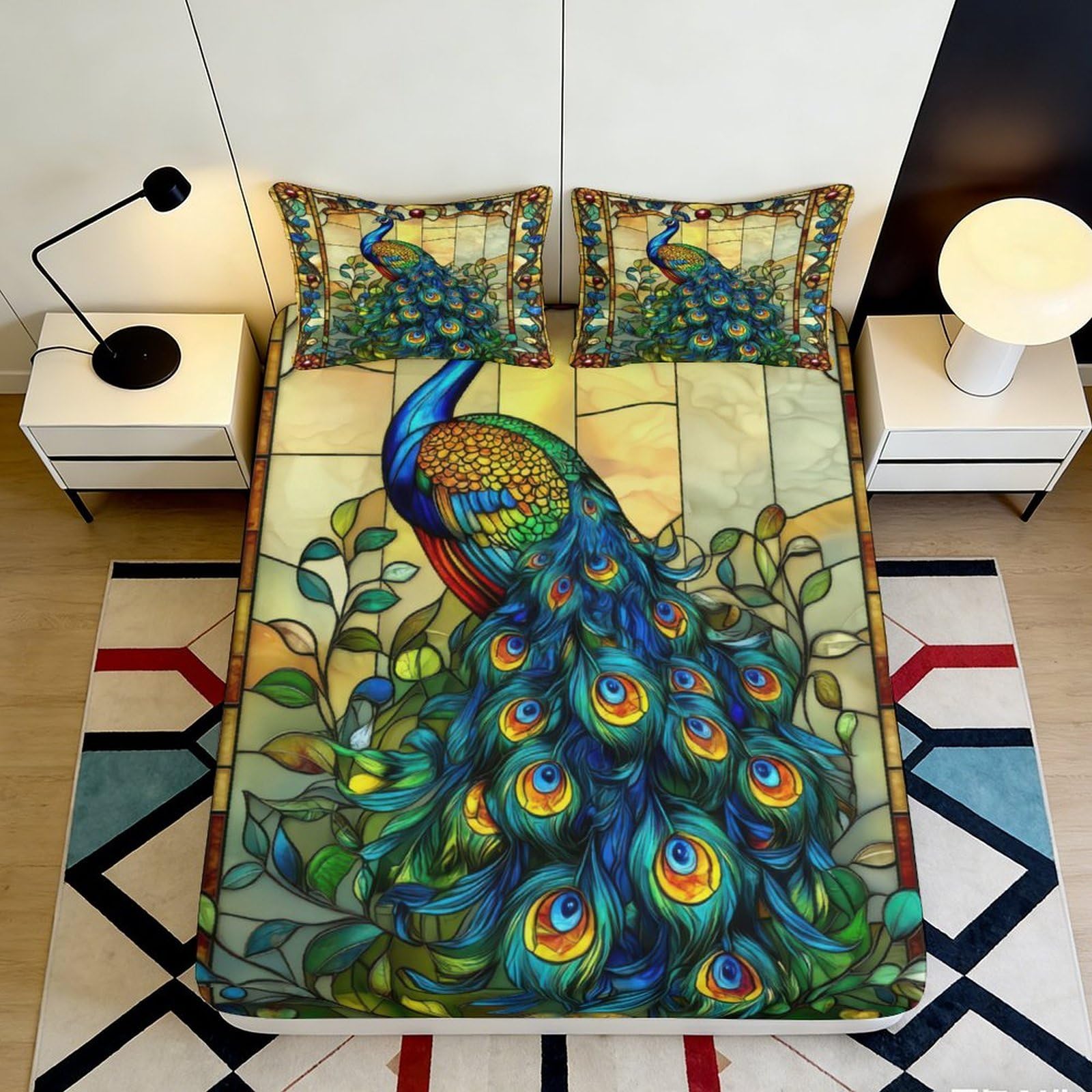 3D Printed Peacock Feather Fitted Sheet Microfiber Anti-Slip Mattress Cover for Bedroom Guest Room Decor Protection 90x200x25cm