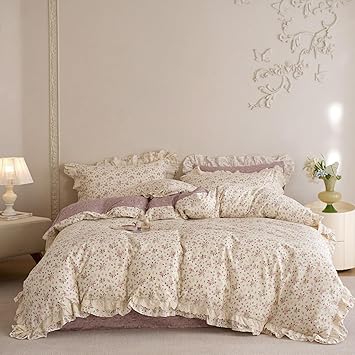 Pink Floral Duvet Cover Queen Size Cotton Boho Comforter Cover Queen Size Lace Trim Ruffle Soft Pattern Duvet Cover Set with 2 Pillow Cases Chic Zipper Bedding Set Princess Duvet Protector