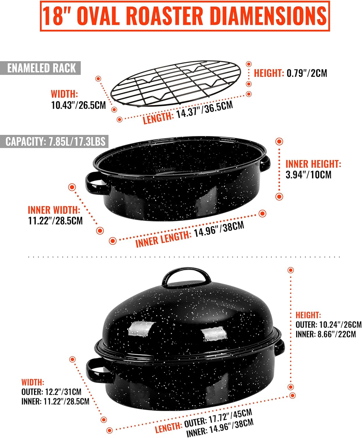 Roasting Pan with Lid & Rack 18 Inch Extra Large Deep Oven Baking Pot, Enamel Granite NonStick Oval Carbon Steel Pot for Turkey Chicken Ham Steak NonToxic for Valentine's Day Gift Roaster Pan - Image 2