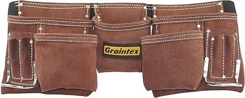 Graintex Cinturón de herramientas de cuero de gamuza profesional de 11 bolsillos, bolsa de herramientas color marrón café, cinturón de correas de 2