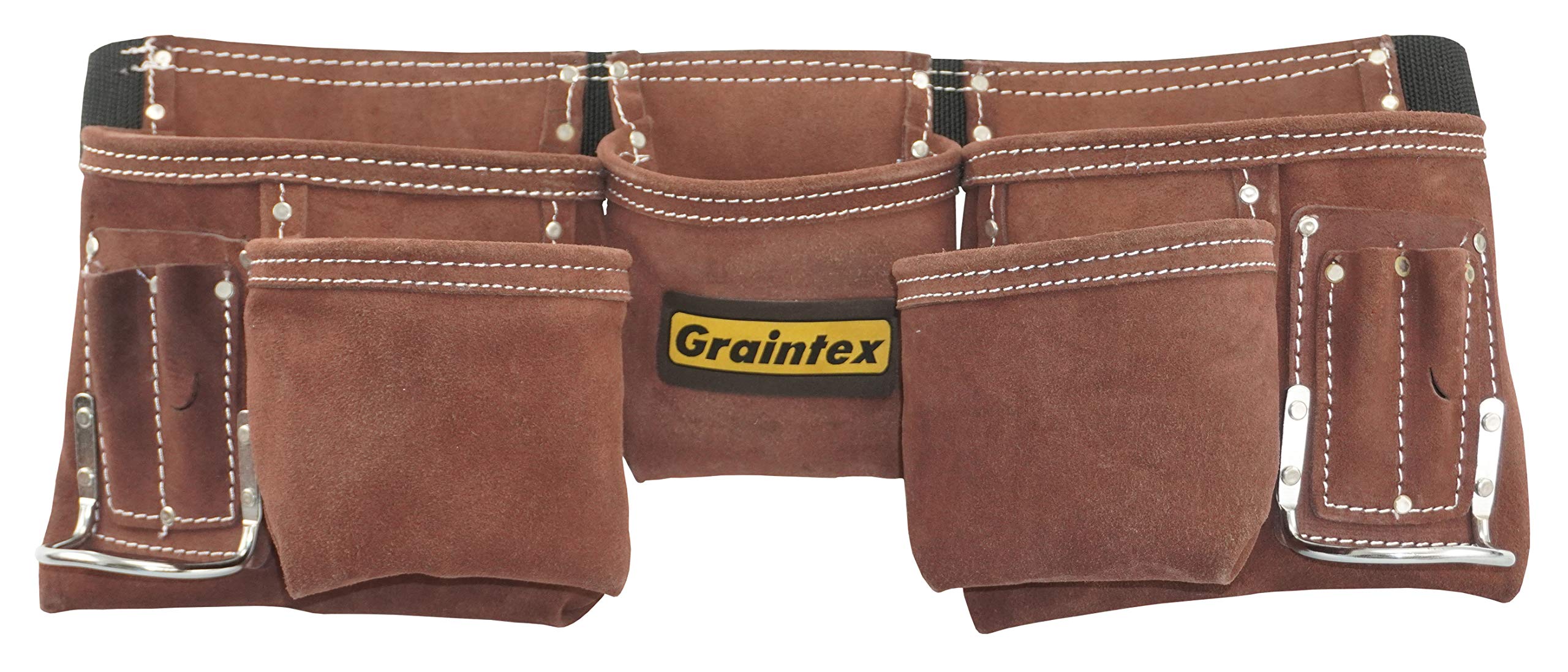 Graintex 11 Pocket Professional Suede Leather Tool Belt, Tool Bag Coffee Brown Color, 2” Webbing Belt, 2 Hammer Holders, Construction Tools, Carpenter Tools, Roofing Tools, Drywall Tools - DS2966