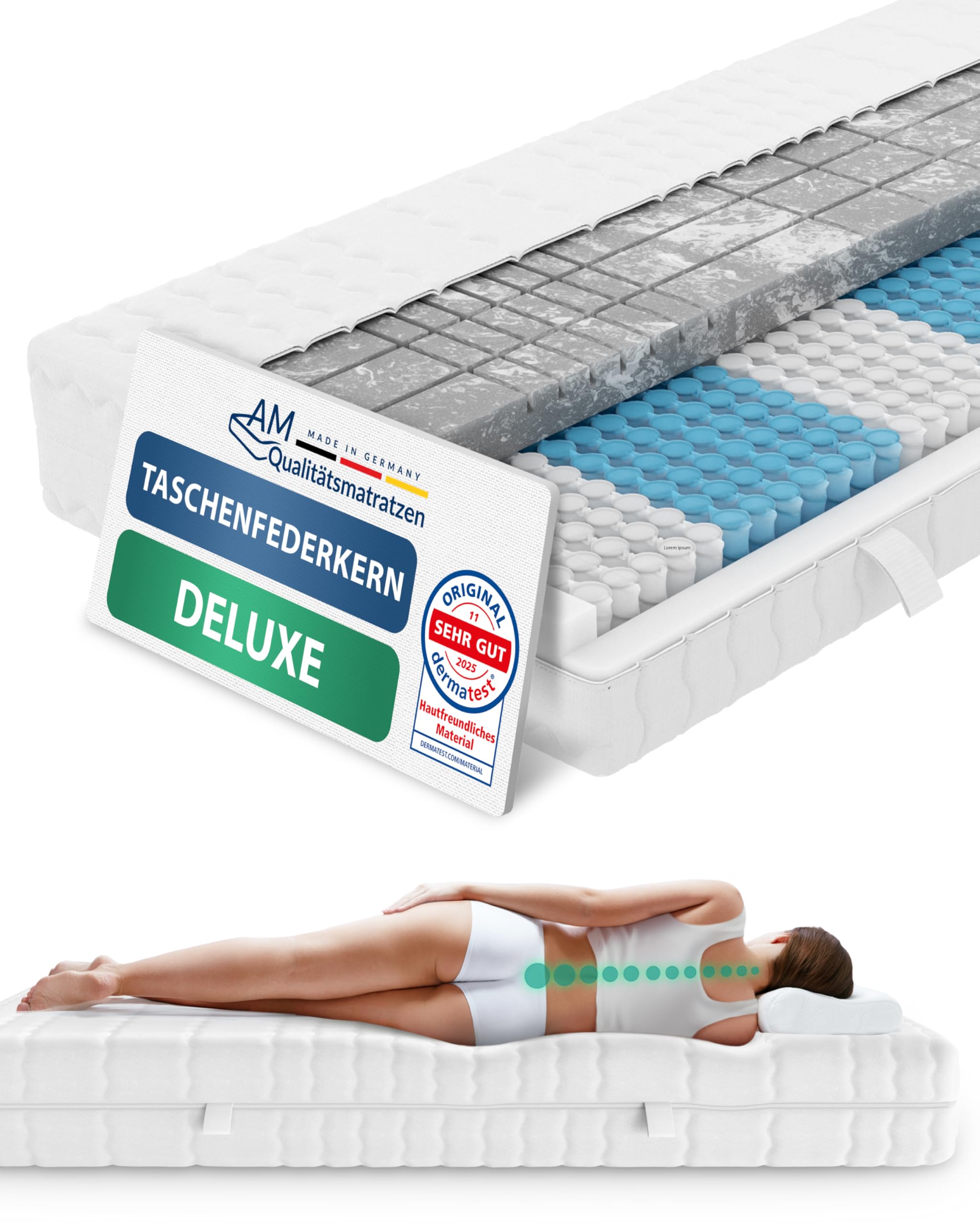 AM Qualitätsmatratzen 3D Deluxe Taschenfederkernmatratze 100x200cm H3 24cm - Made in Germany & Oeko TEX Zertifiziert - Ergonomische Matratze 100x200 H3 mit Lyocell Bezug - 7 Zonen Federkernmatratze