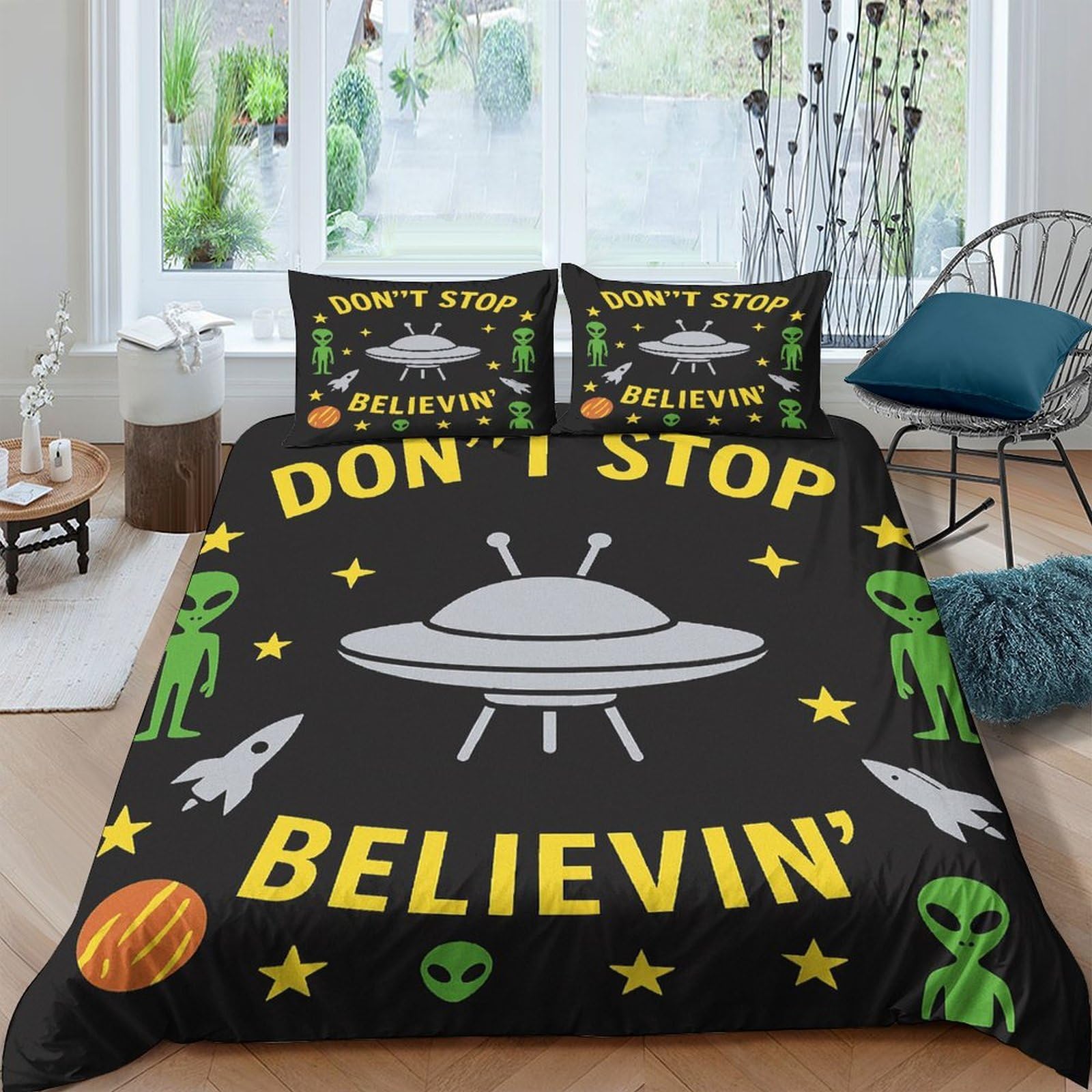 Ctjqhvkz Style-3 3D Printed Ufo Alien Fitted Sheet Microfiber Soft Black Green Space Galaxy Bed Cover Bedroom Decor Mattress Protector Single（135X200cm）