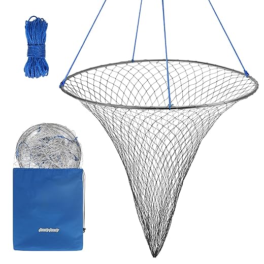 QualyQualy Bridge and Pier Fishing Net, Foldable Drop Net for Pier Fishing with Rope, Landing Net with Durable Soft Steel Hoop and Nylon Mesh Net, 32" Diameter