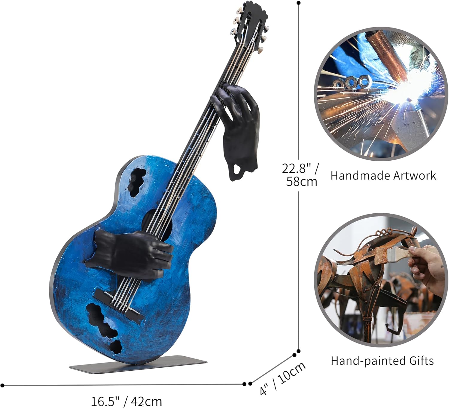 Metal Music Decor, 23” H Handmade Guitar Sculpture Home Decor, Hand-Painted Western Statue Decorations for Living Room, for Music Lovers Musician & Teachers (Vintage Blue)