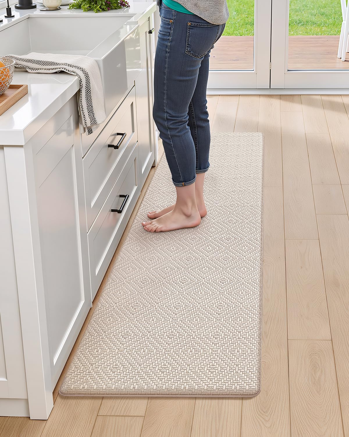 COLOR&GEOMETRY 44x75+44x150cm Tapis Cuisine Devant evier Lavable, Tapis Vinyle Cuisine, Anti-Fatigue antidérapant, Tapis de Cuisine rembourré en Mousse pour Rester Debout confortablement, Beige