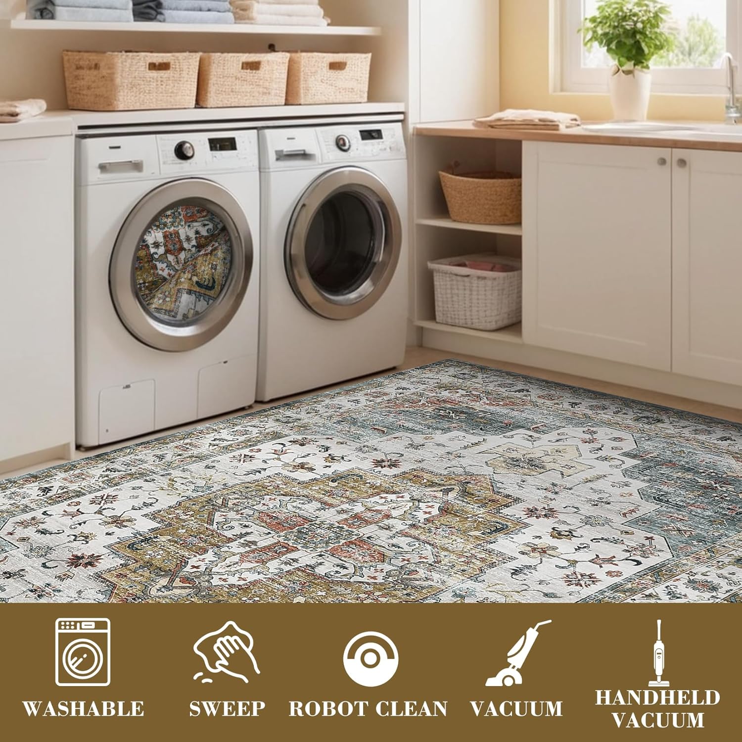 GarveeHome Hallway Rug 2x6 Machine Washable Runner Rug with Non-Slip Backing, Vintage Printed Area Rugs, Stain-Resistant Distressed Accent Carpet for Laundry, Bedroom, Entryway, Camel Green