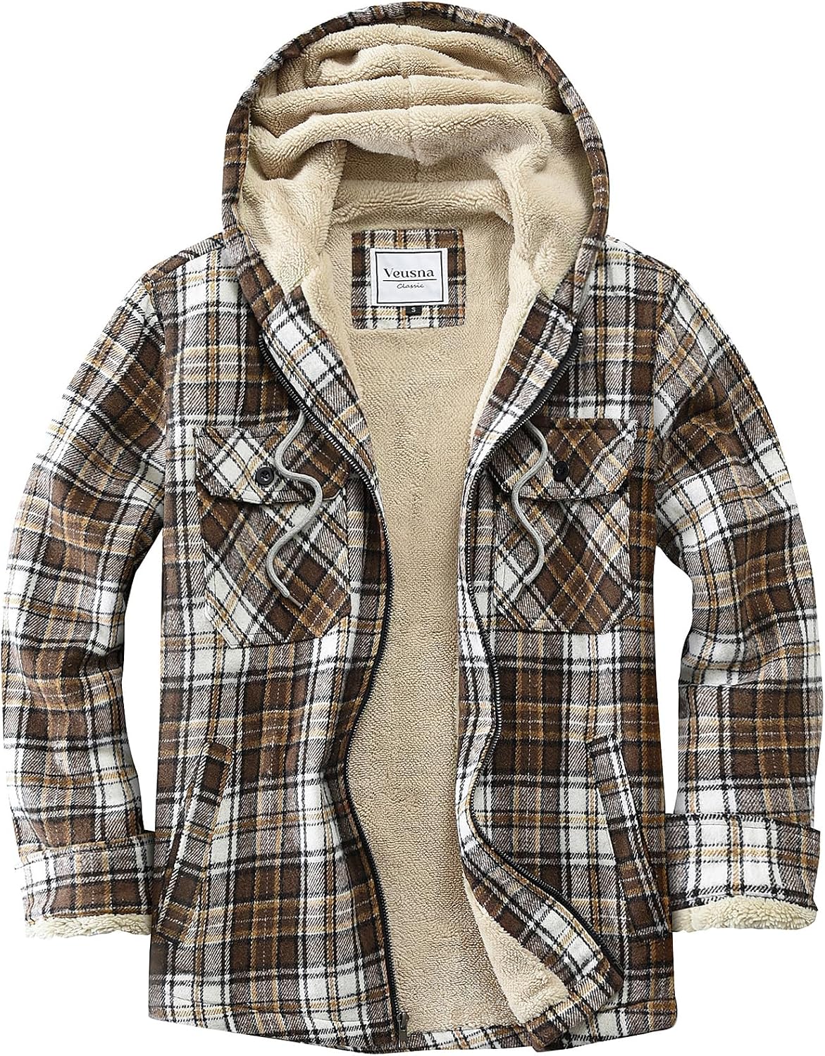Men's Zip Up Flannel Shirt Jacket Fleece Lined Long Sleeve Plaid Coat Heavyweight Hoodie with Hood