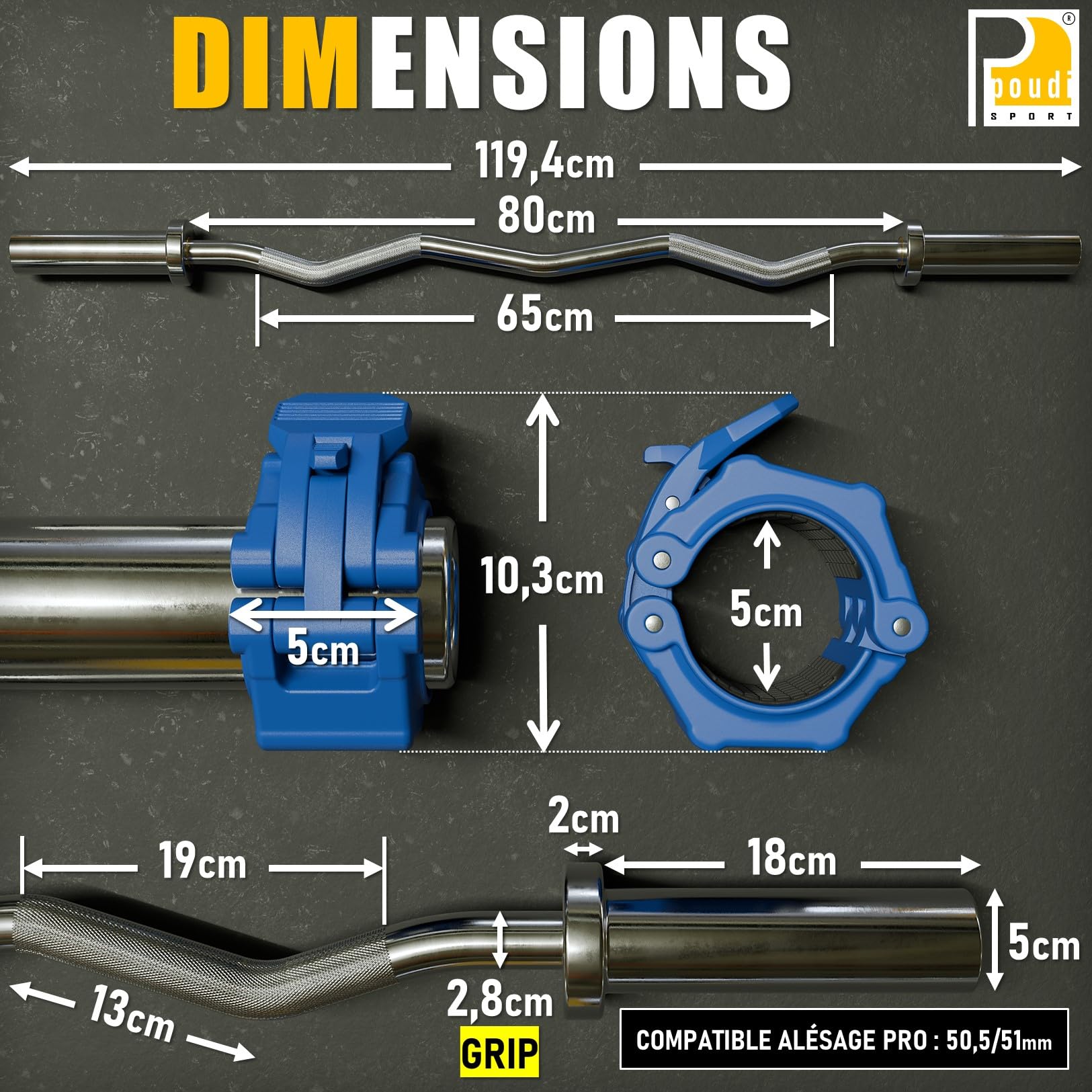 Barre curl EZ de musculation en acier chromé 120cm – 10kg | Charge max : 182kg | Ø 50mm | 2 colliers de serrage inclus