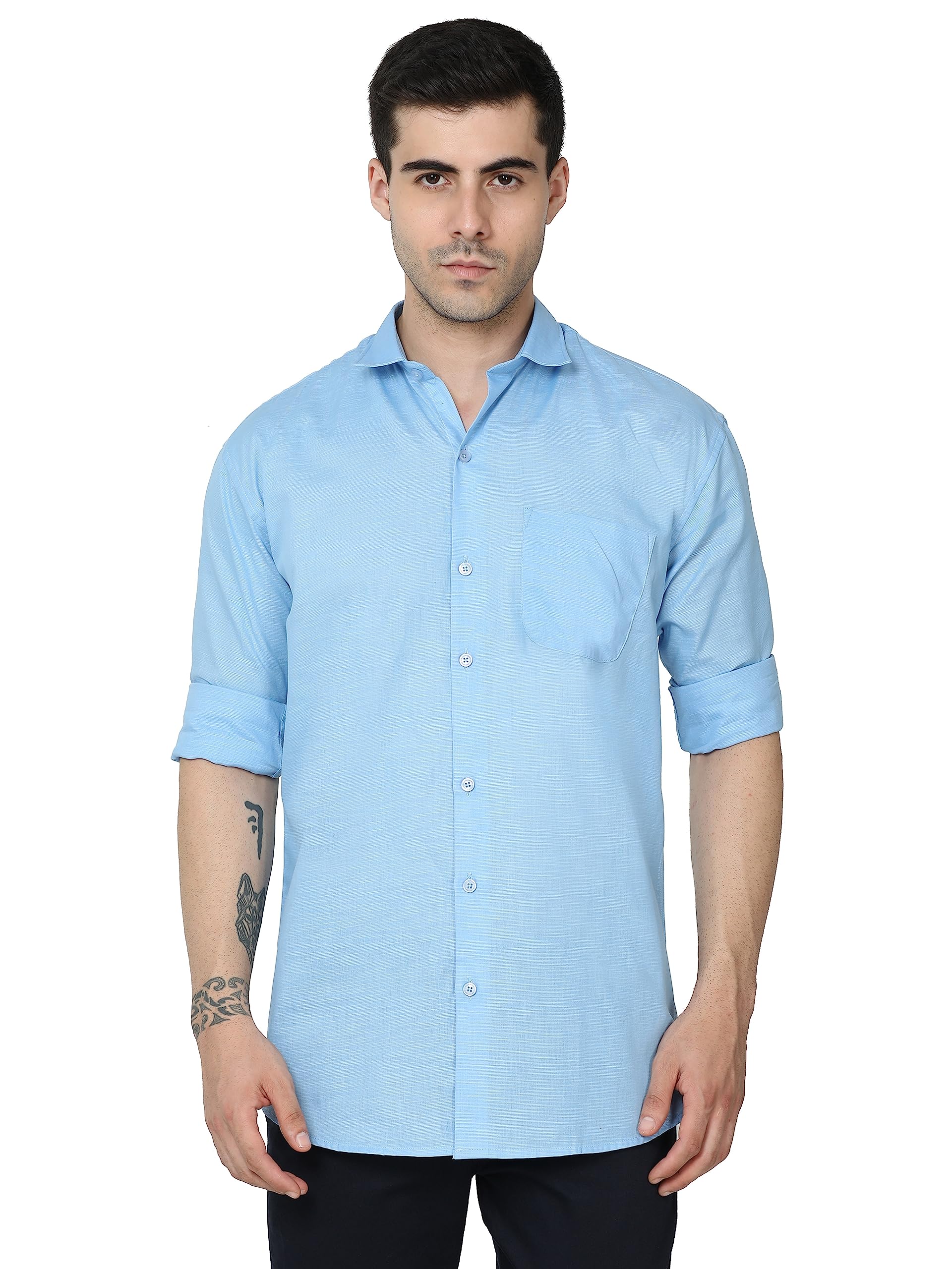 Miraan Men's Linen Cotton Long Sleeve Casual Shirt (SIGLINENBLUEM_Blue_Medium)