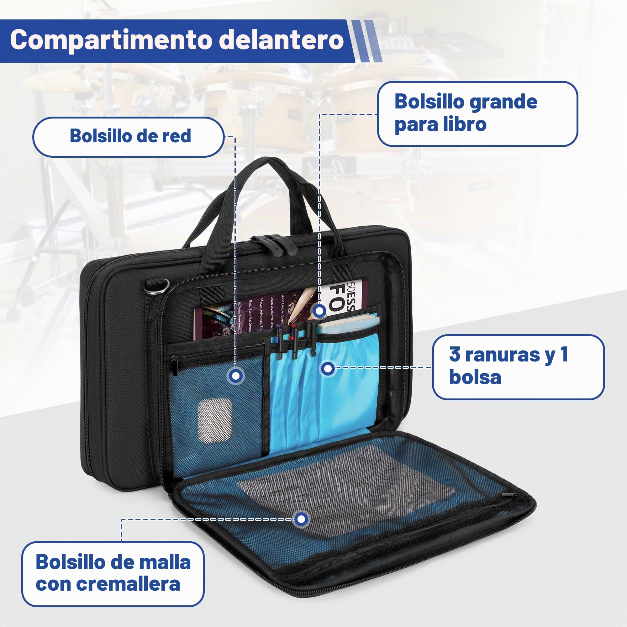 Yarwo Bolsa para Baquetas con Ganchos y Correa Ajustable | Cuelga Tambor con 2 Ganchos Metalicos y Correa Ajustable, Nylon Balistico con Ventana Identificacion para Baquetas