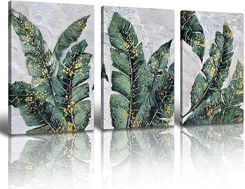 Miniatura 8 de BLINFEIRU Juego de 3 arte de pared botánico verde esmeralda, impresiones en lienzo de hojas de plátano tropicales, imágenes enmarcadas de plantas