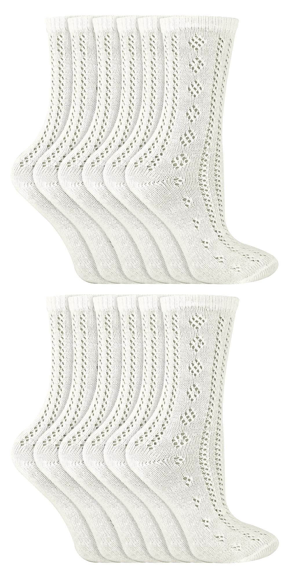 12 Pairs White School Socks for Girls | Girls Ankle Pelerine Pattern Dress Socks (11-14 Years, White)